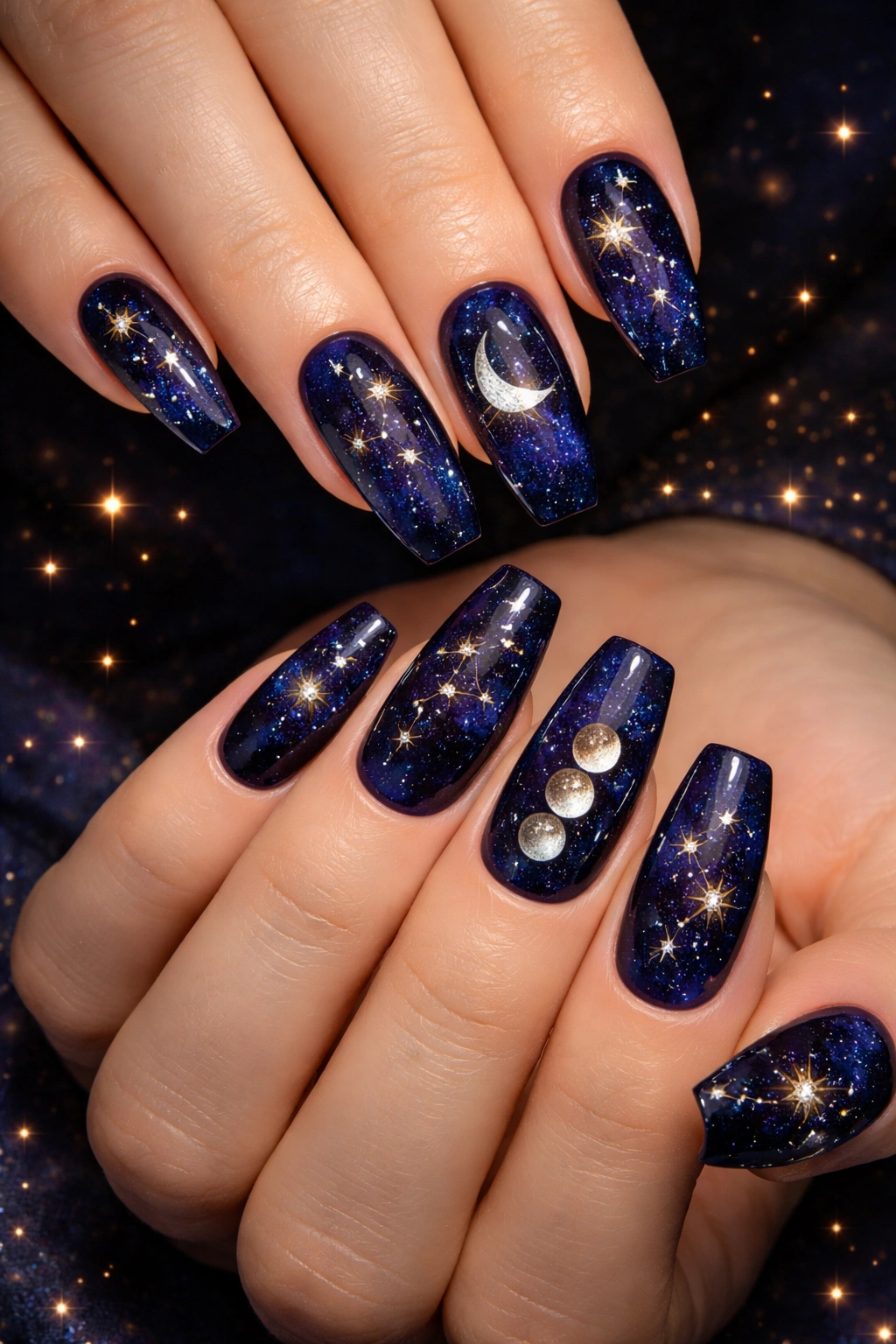 Nails with star and celestial designs on a dark base