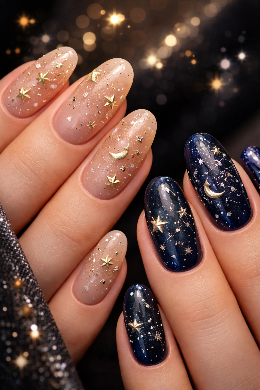 Nails with gold stars on nude base and silver stars on midnight blue