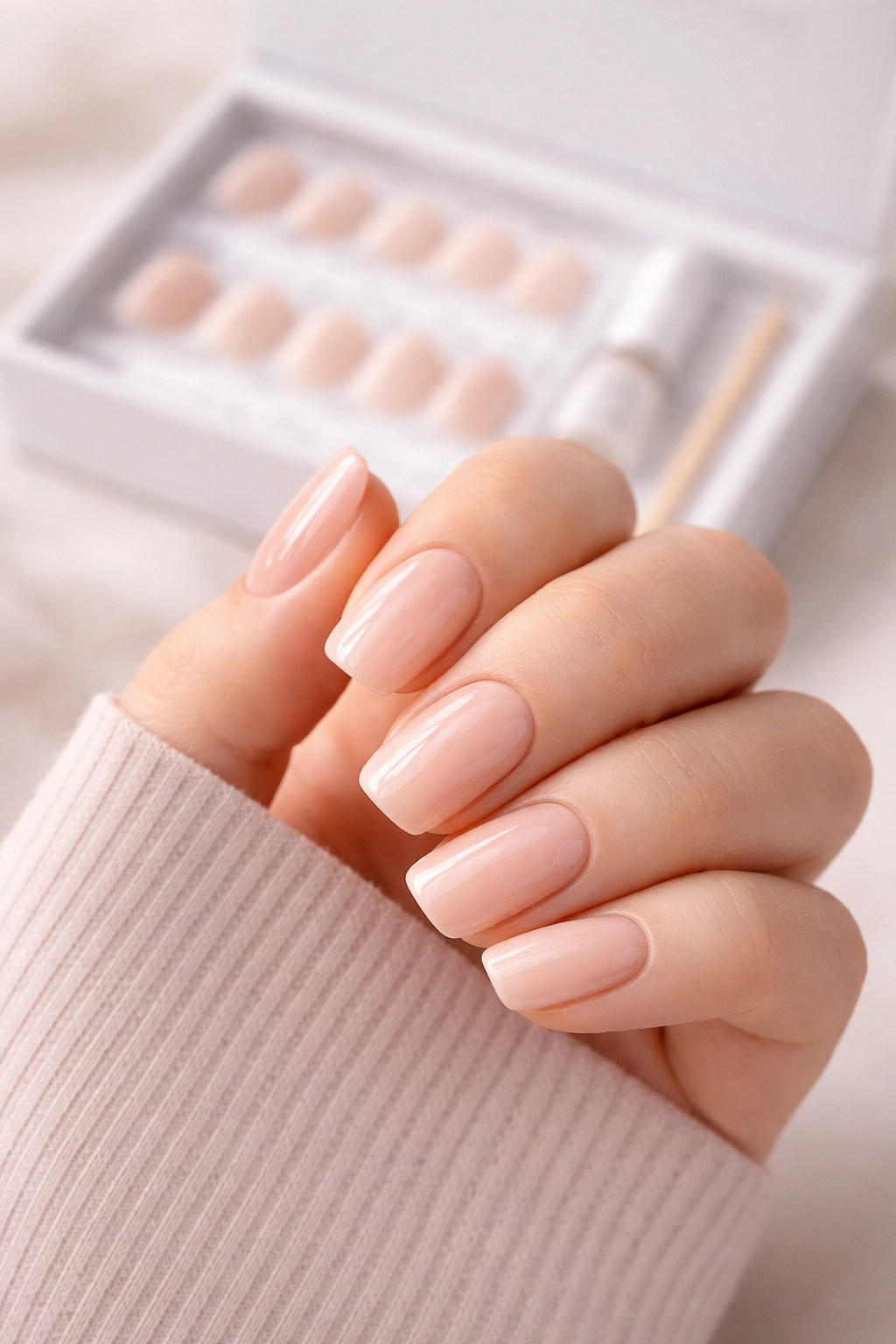 Close-up of hand wearing Static Nails squoval press-ons with glossy finish.