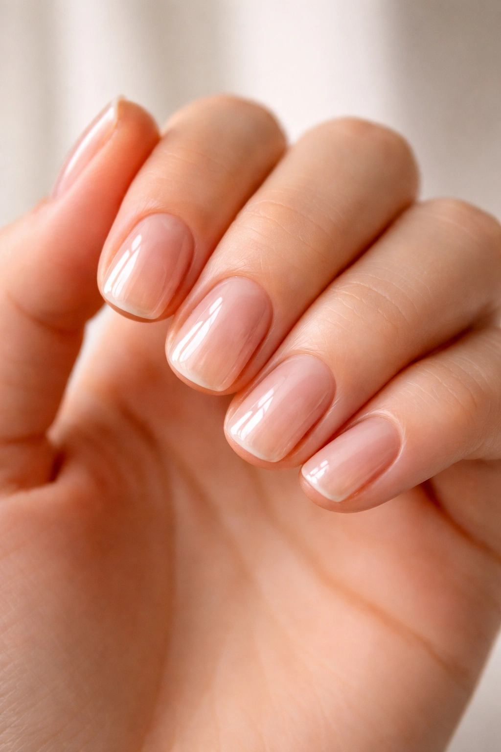 Ultra-thin short squoval nails on hand with crystal-clear finish
