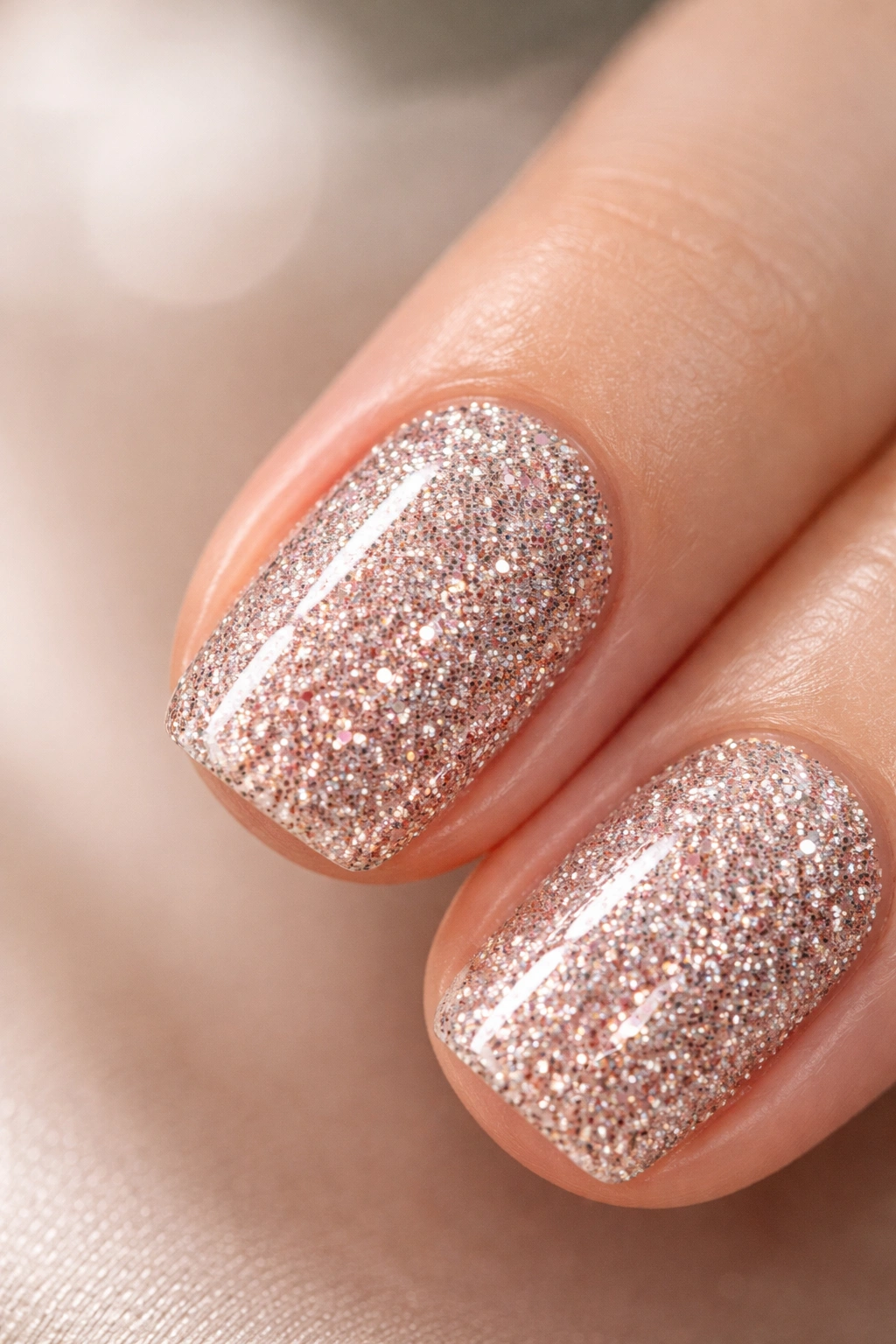 Close-up of nails with long-wearing glitter finish and glossy topcoat