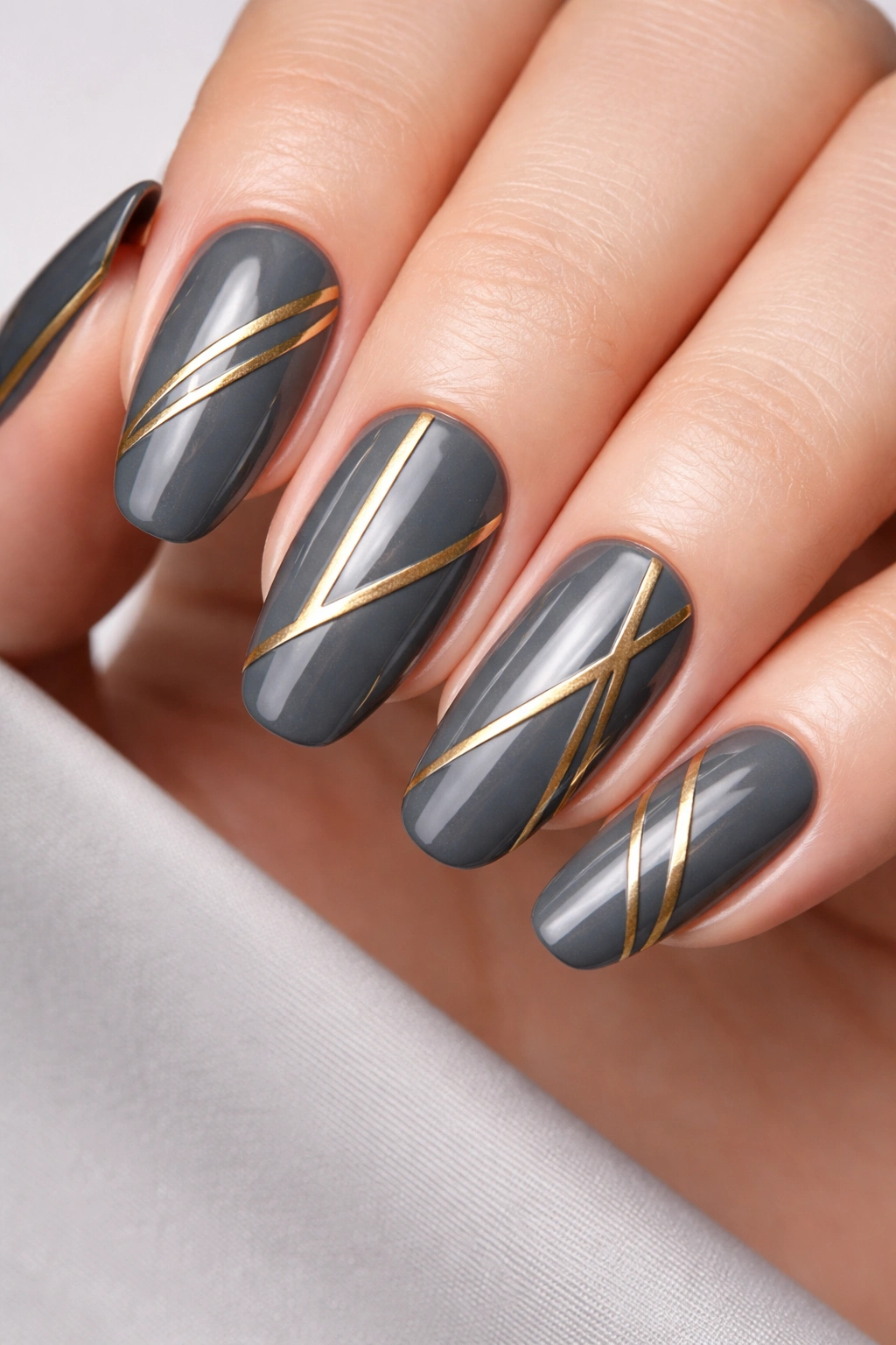 Nails in steel grey with geometric gold stripes