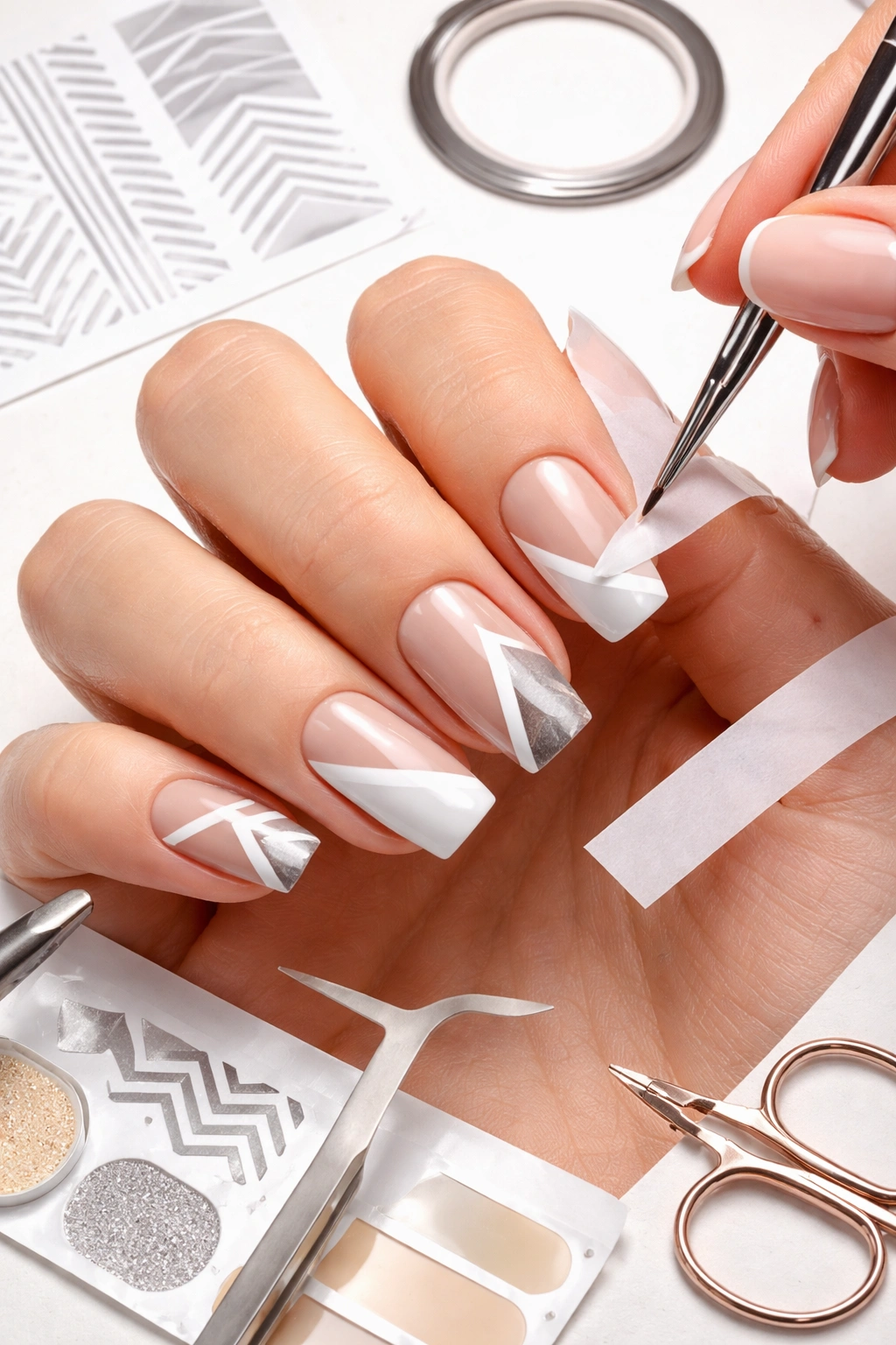 Close-up of nails with stencil-based geometric design