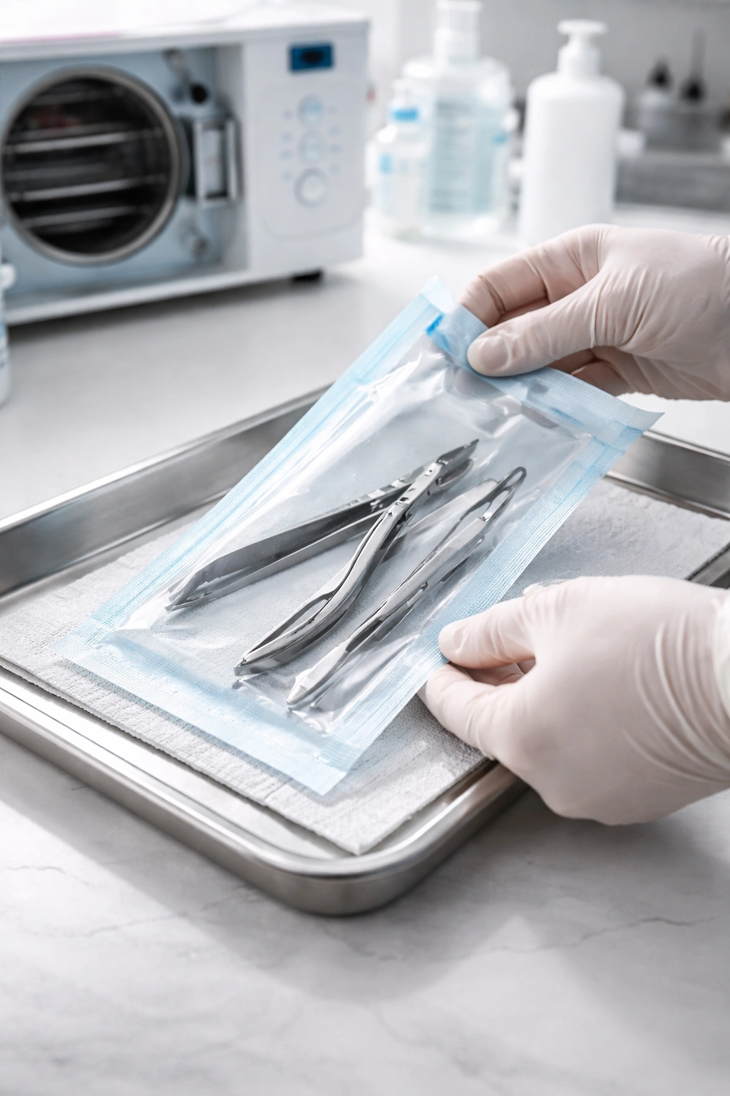 Close-up of a sealed sterilization pouch with nail tools on a clean tray, autoclave visible in the background