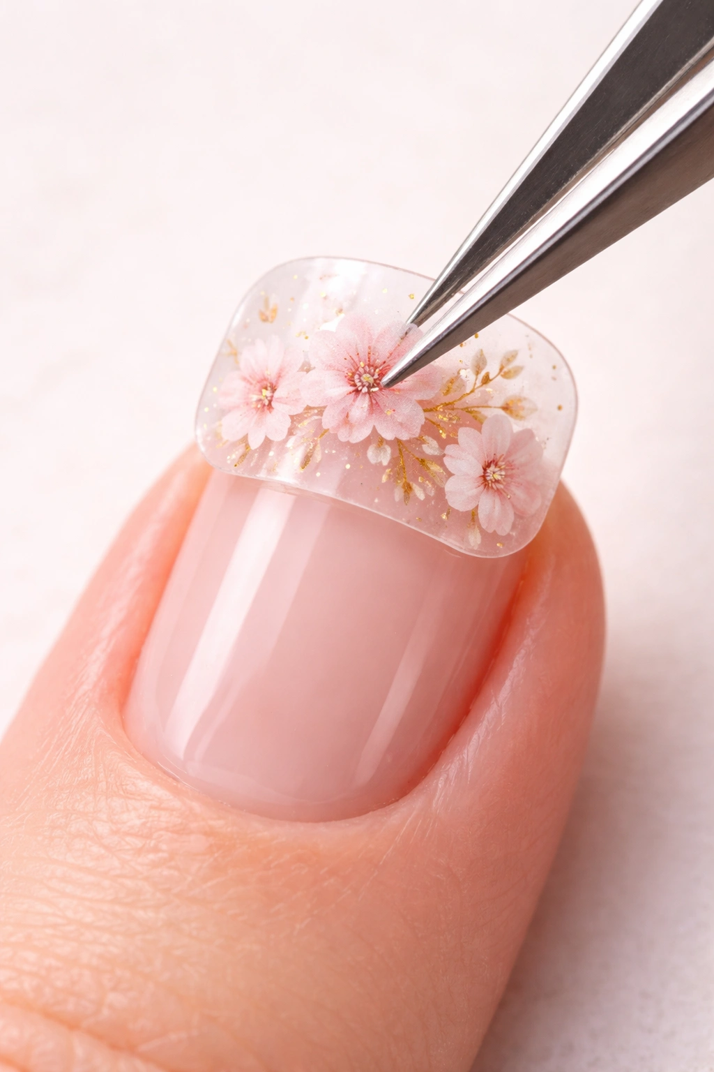Sticker positioned on nail via tweezers showing precise alignment