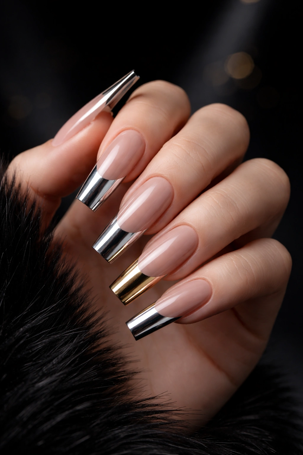 Close-up of long square nails with a stiletto edge and metallic tip accent