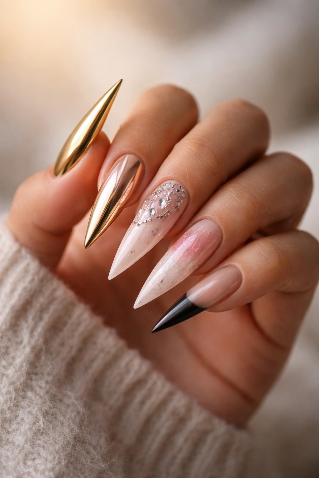 Hand showing various stiletto nail designs including metallics and nude styles