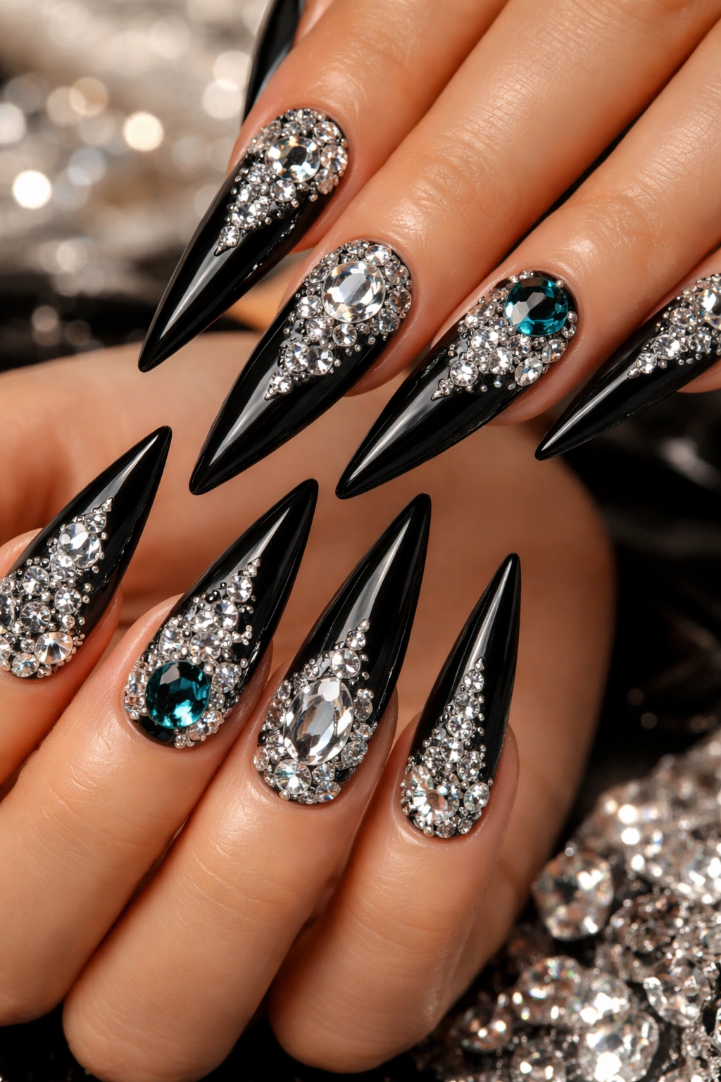 Close-up of black stiletto nails with clear rhinestones in a monochrome design