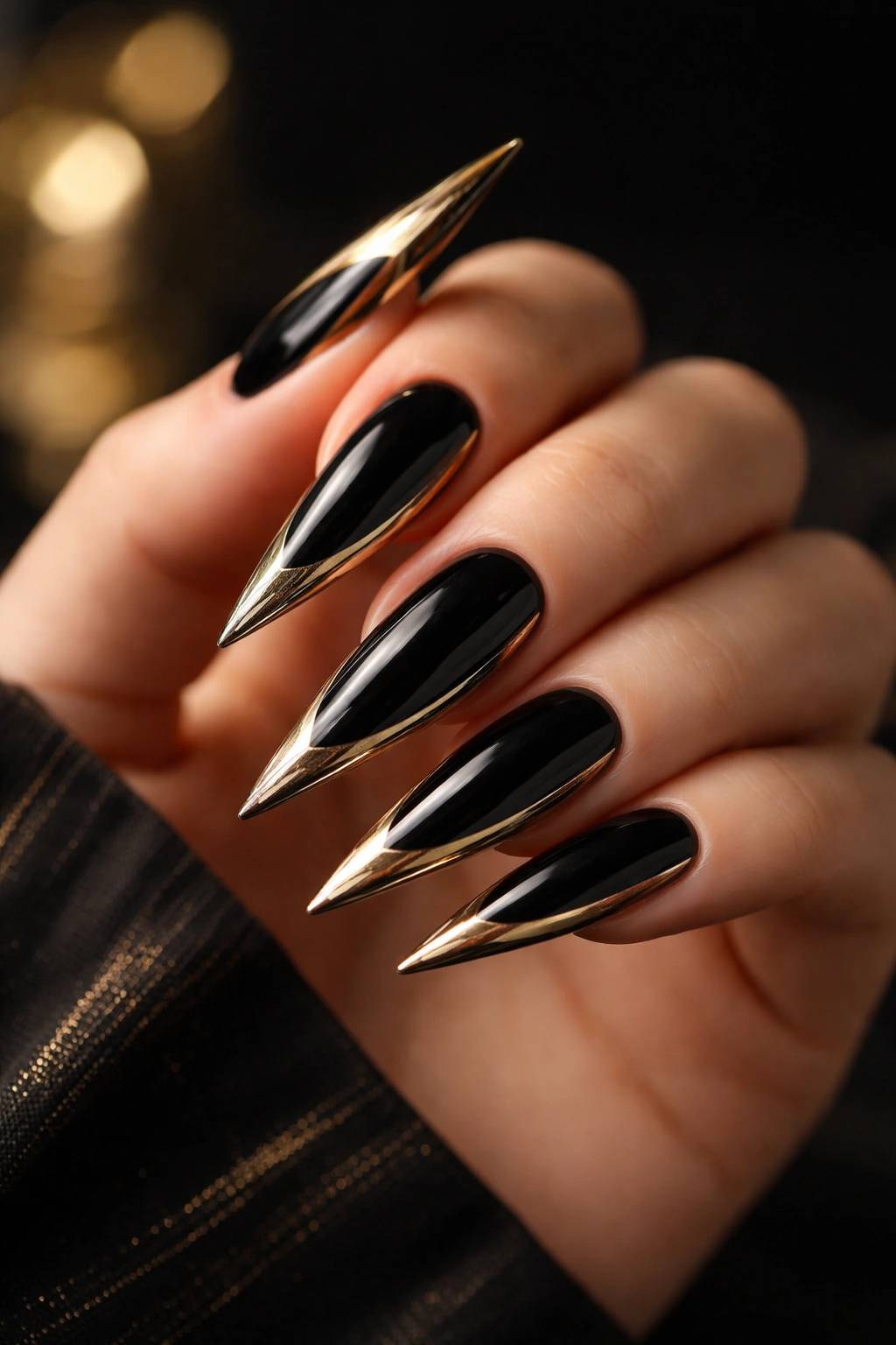 Close-up of black and gold stiletto nails on a hand with a dark reflective backdrop