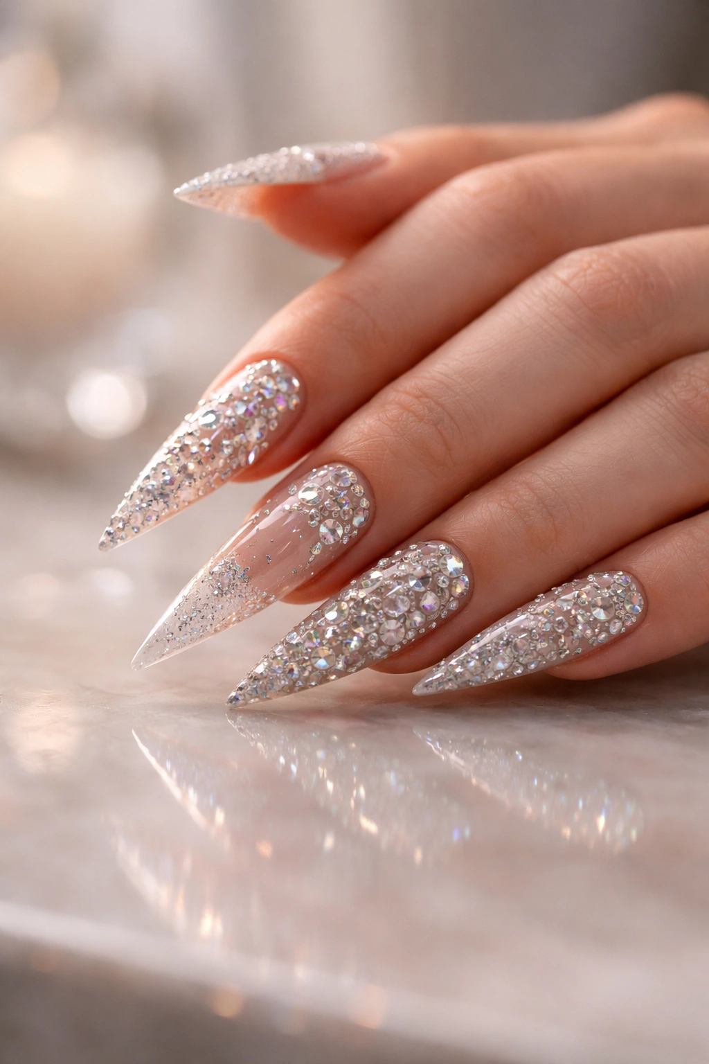 Close-up of rhinestone-studded stiletto nails on a hand with soft studio lighting