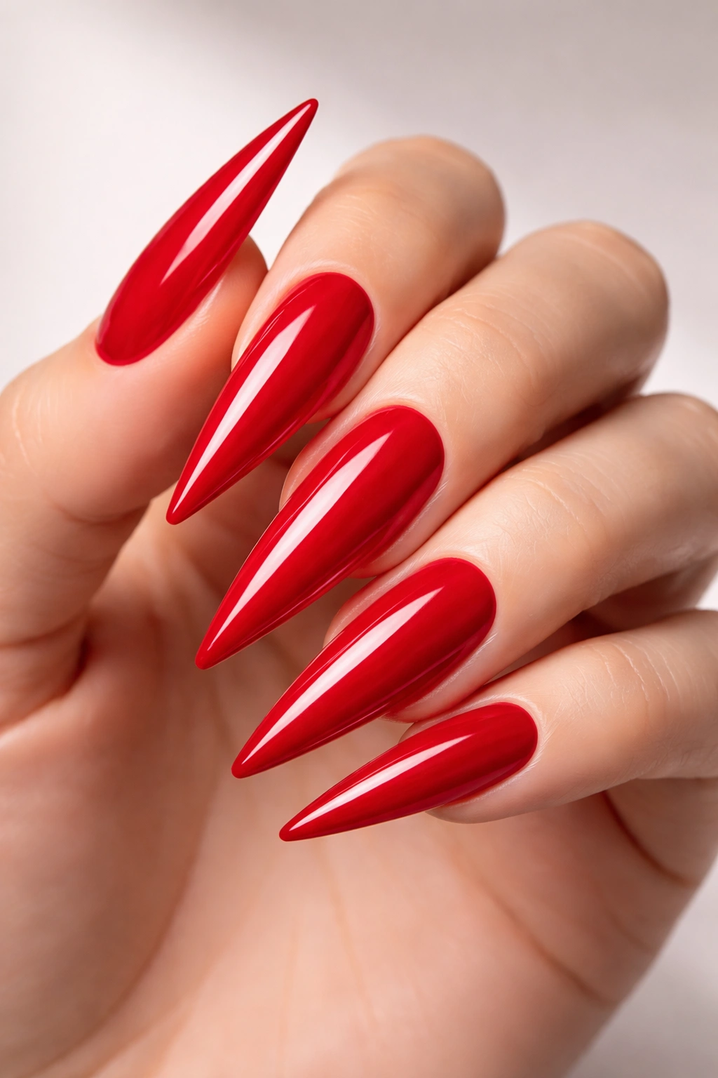 Stiletto nails in deep burgundy with glossy finish on a hand