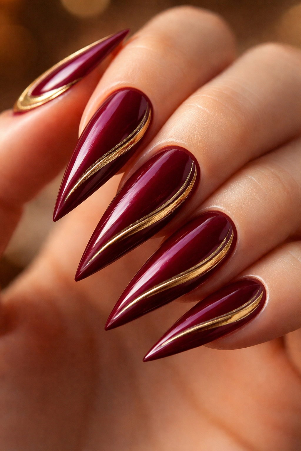 Burgundy stiletto nails with a gold swirl accent