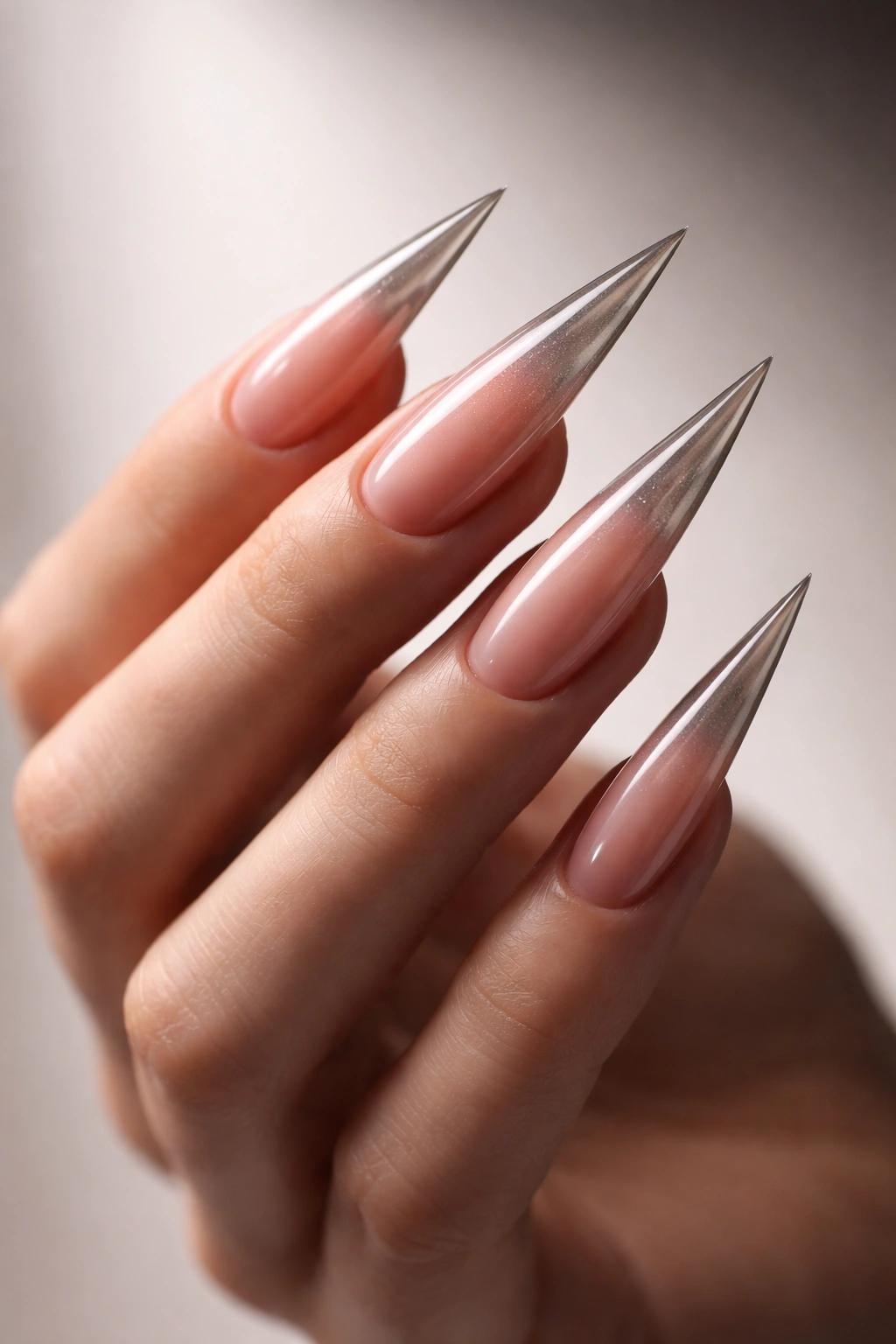 Close-up of a hand showing long glossy stiletto nails against a neutral background