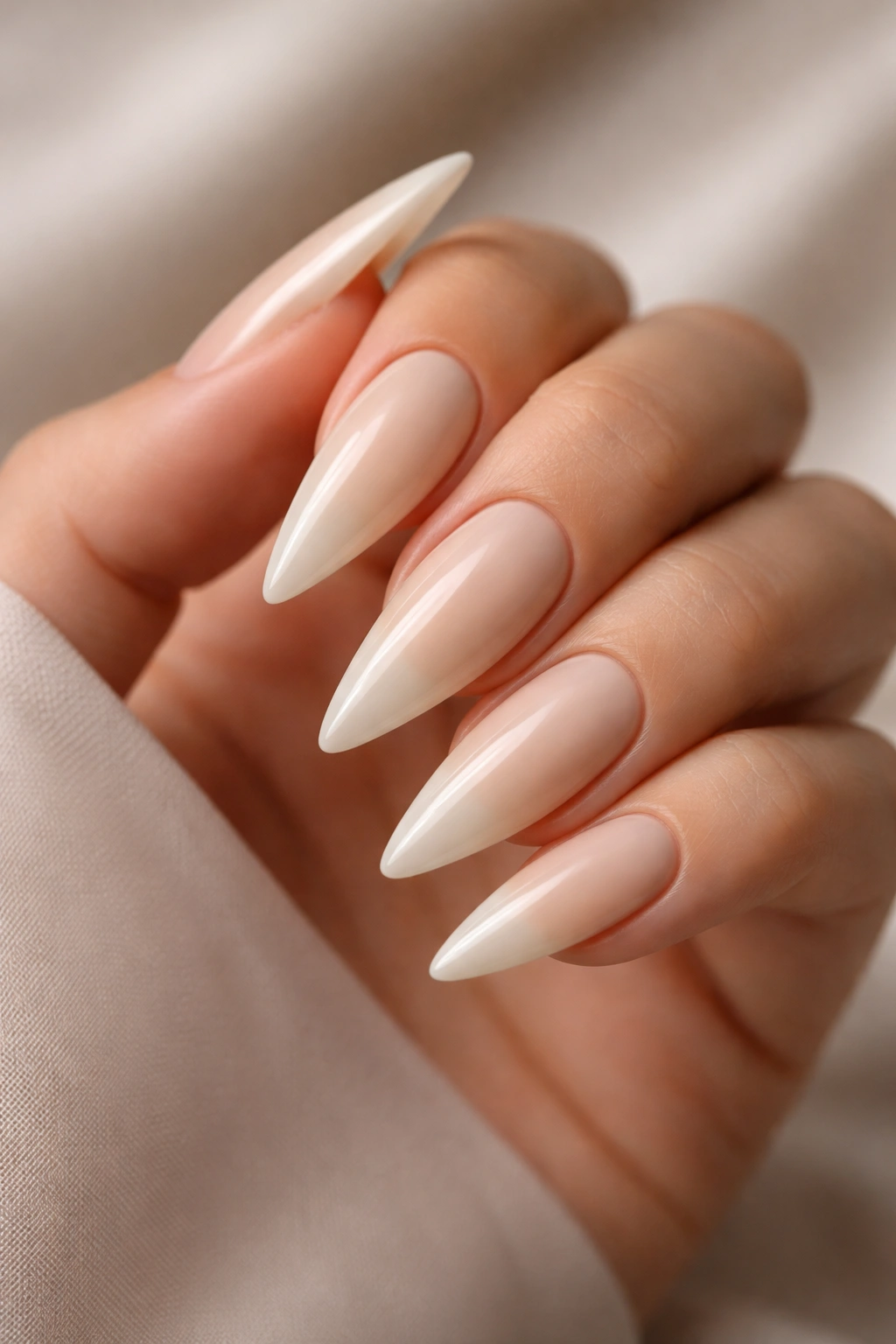 Stiletto nails with soft cream base and nude gradient tip