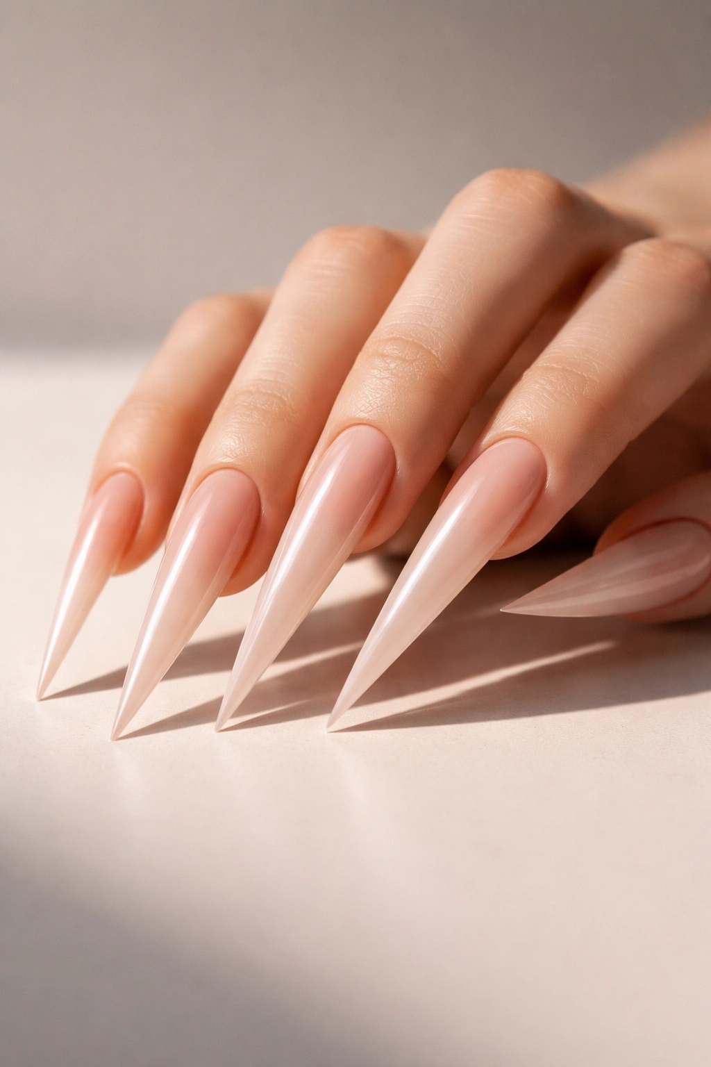 Close-up of stiletto nails with long pointed tips on a hand