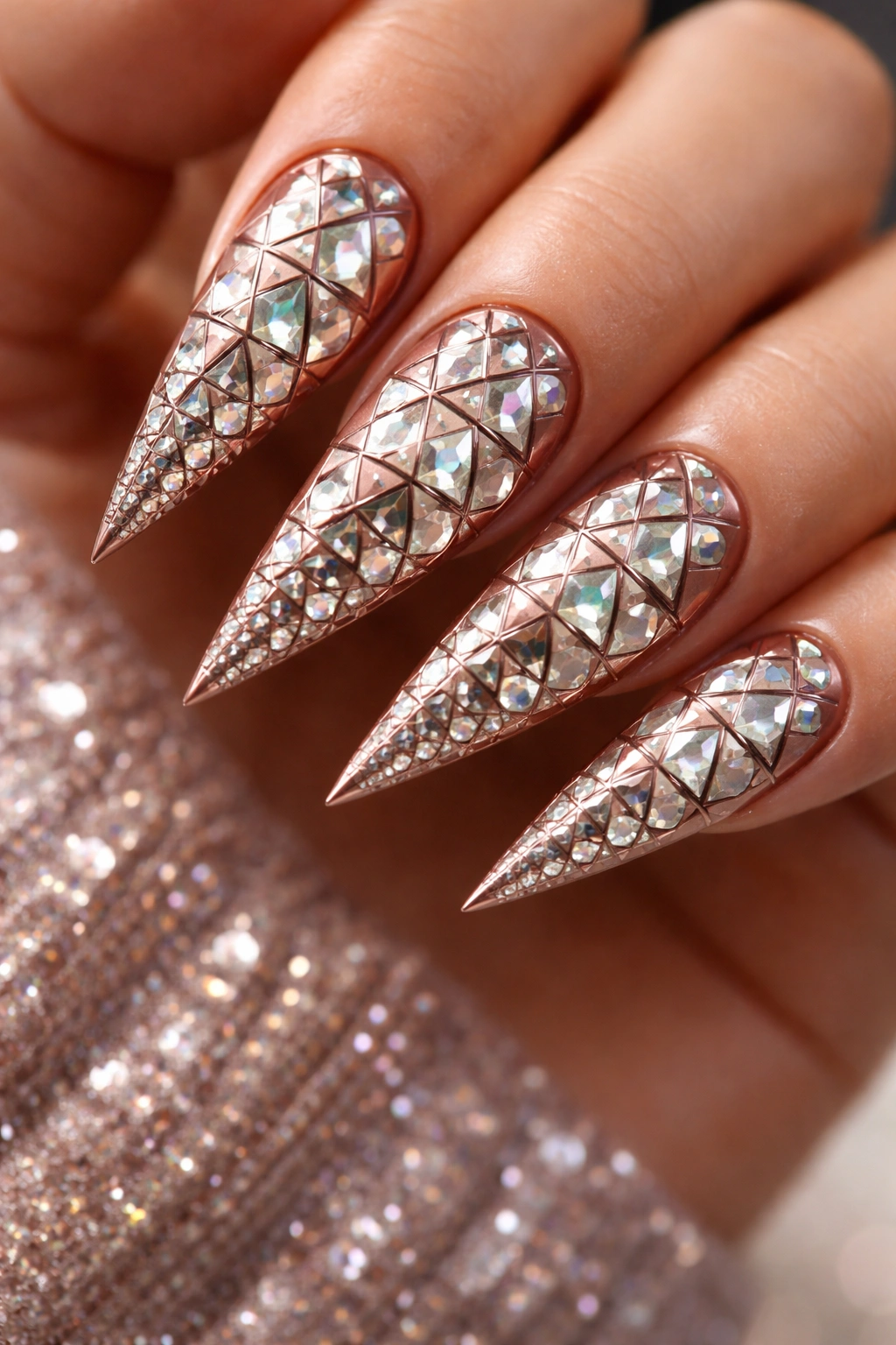 Close-up of geometric stiletto nails with triangles and squares on a metallic base