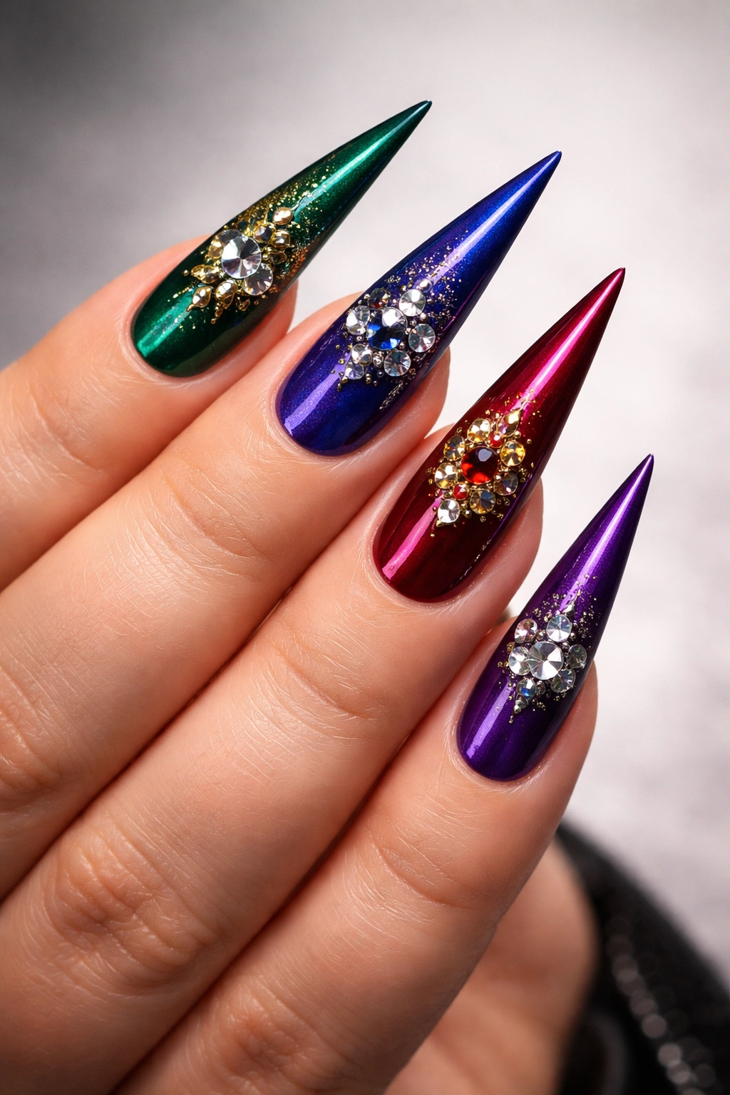 Close-up of long stiletto nails in jewel tones on a hand