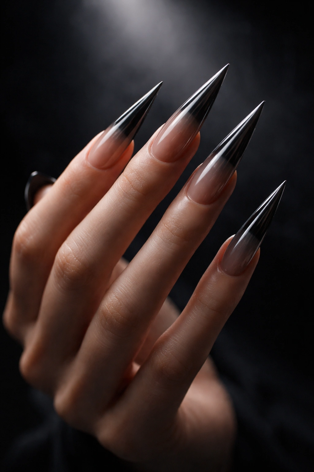 Close-up of long fingers with stiletto nails on a dark moody background