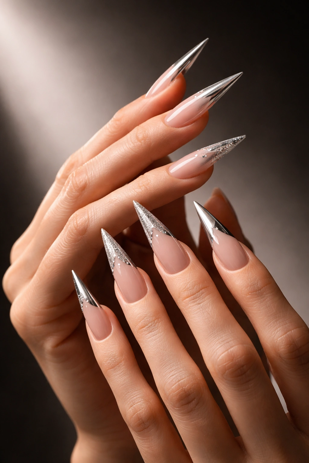 Close-up of hands with long pointed stiletto nails, glossy finish