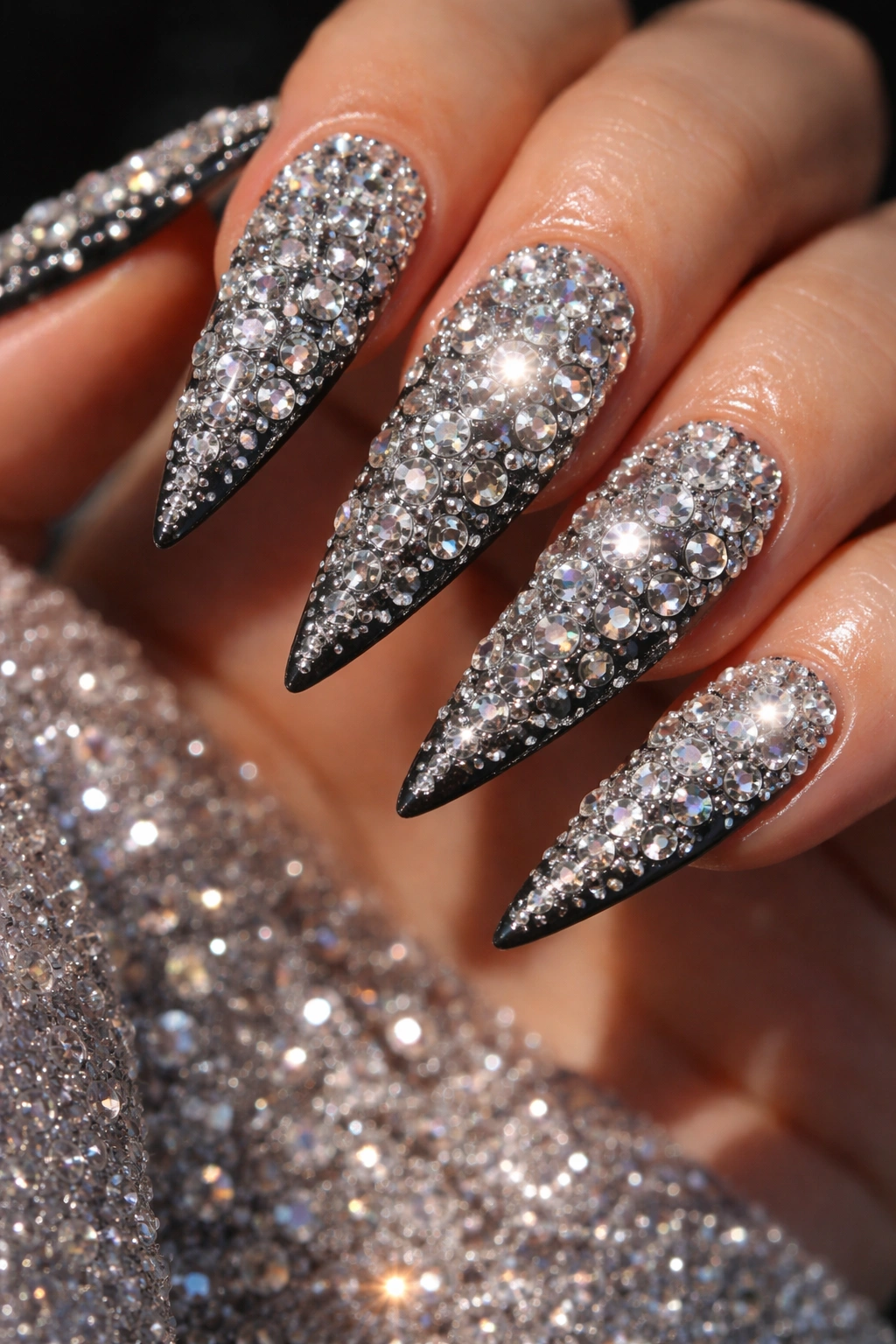 Close-up of navy stiletto nails densely covered with mixed-size rhinestones