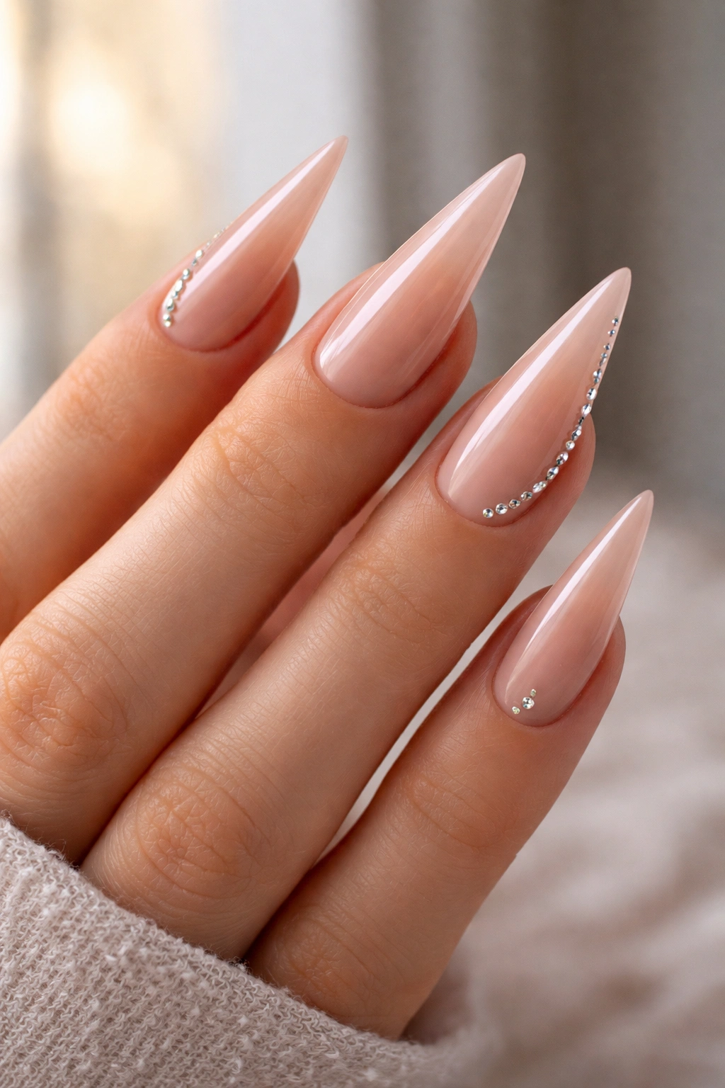 Nude stiletto nails with sparse micro rhinestones for subtle sparkle