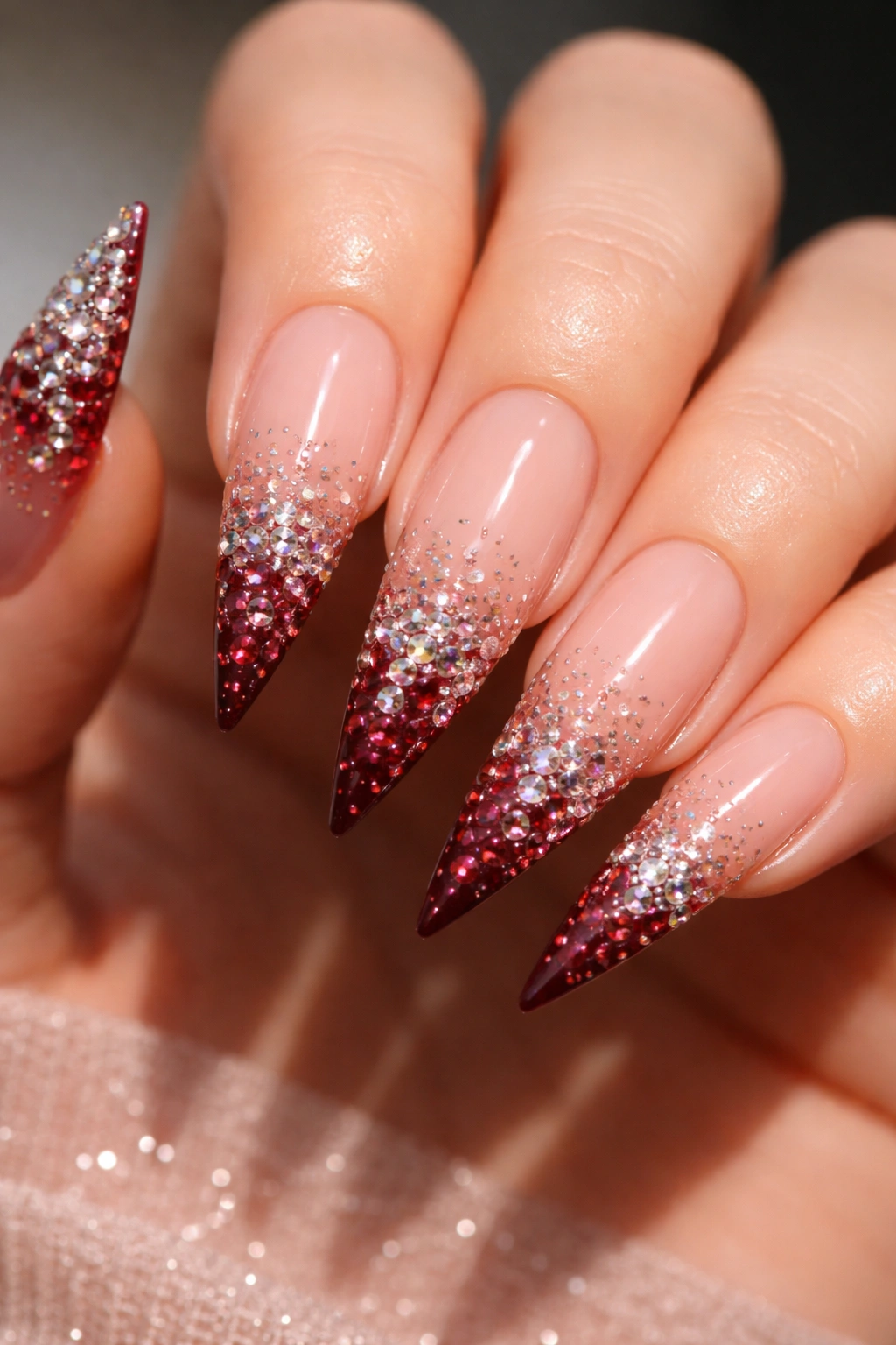 Close-up of ombre rhinestone gradient on nude to burgundy stiletto nails