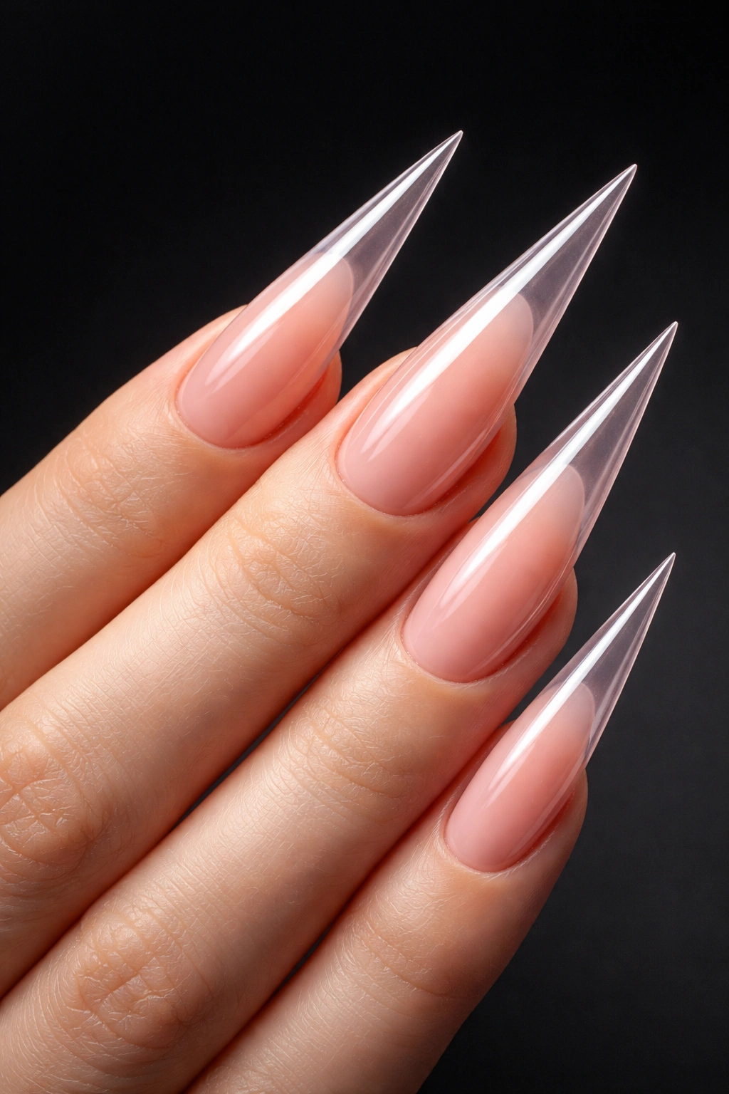 Close-up of hands with dramatically pointed stiletto nails in glossy finish