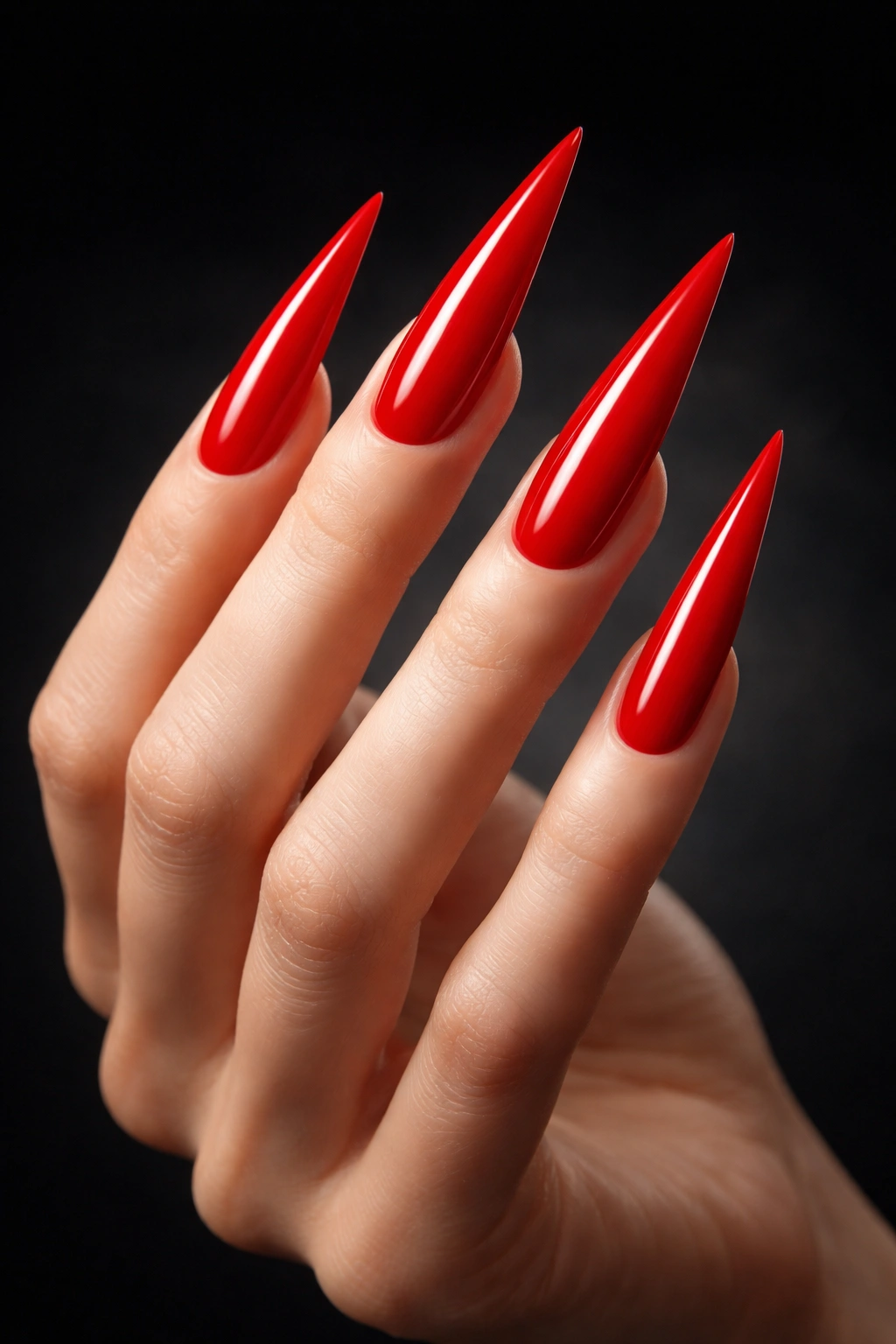 Close-up of stiletto nails with red polish on long pointed tips