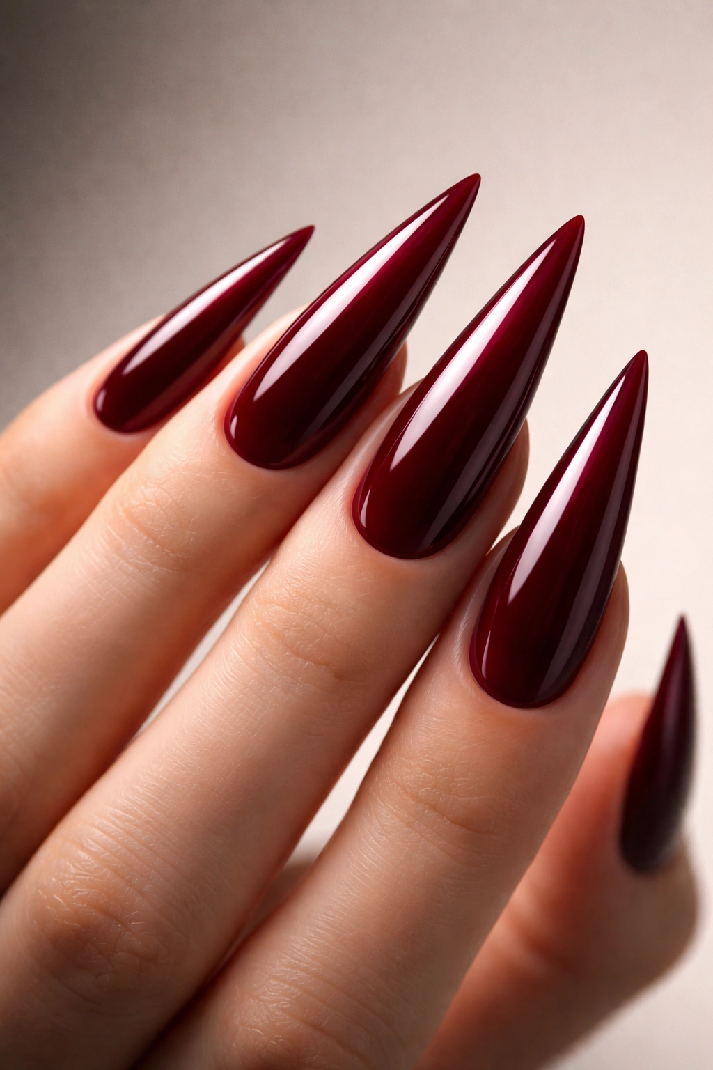 Close-up of long stiletto nails in deep red with a glossy finish.