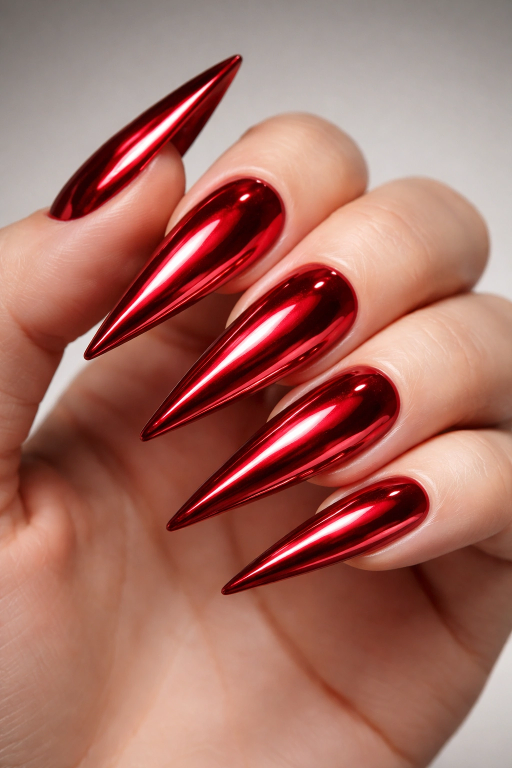Close-up of red chrome stiletto nails with mirror finish