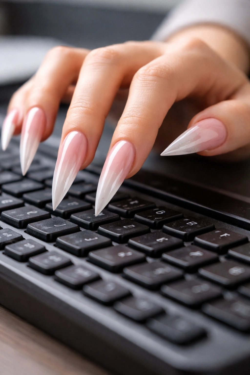 Hand with long stiletto nails typing on a keyboard