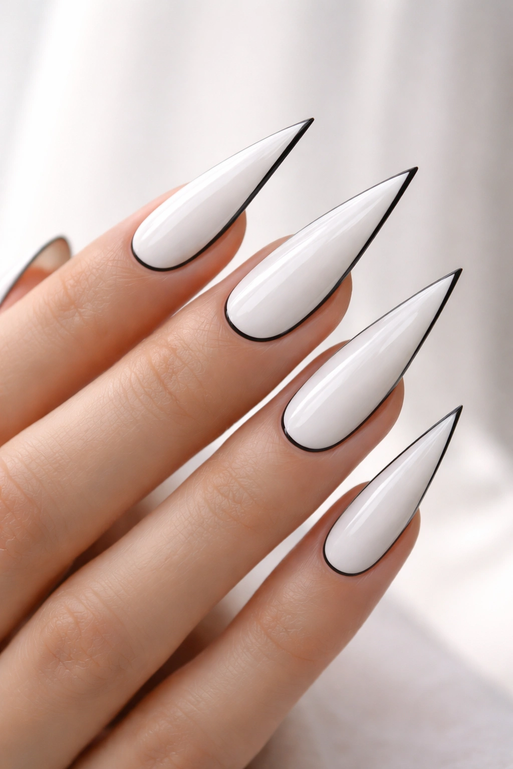 Glossy white stiletto nails with a thin black outline along the edges