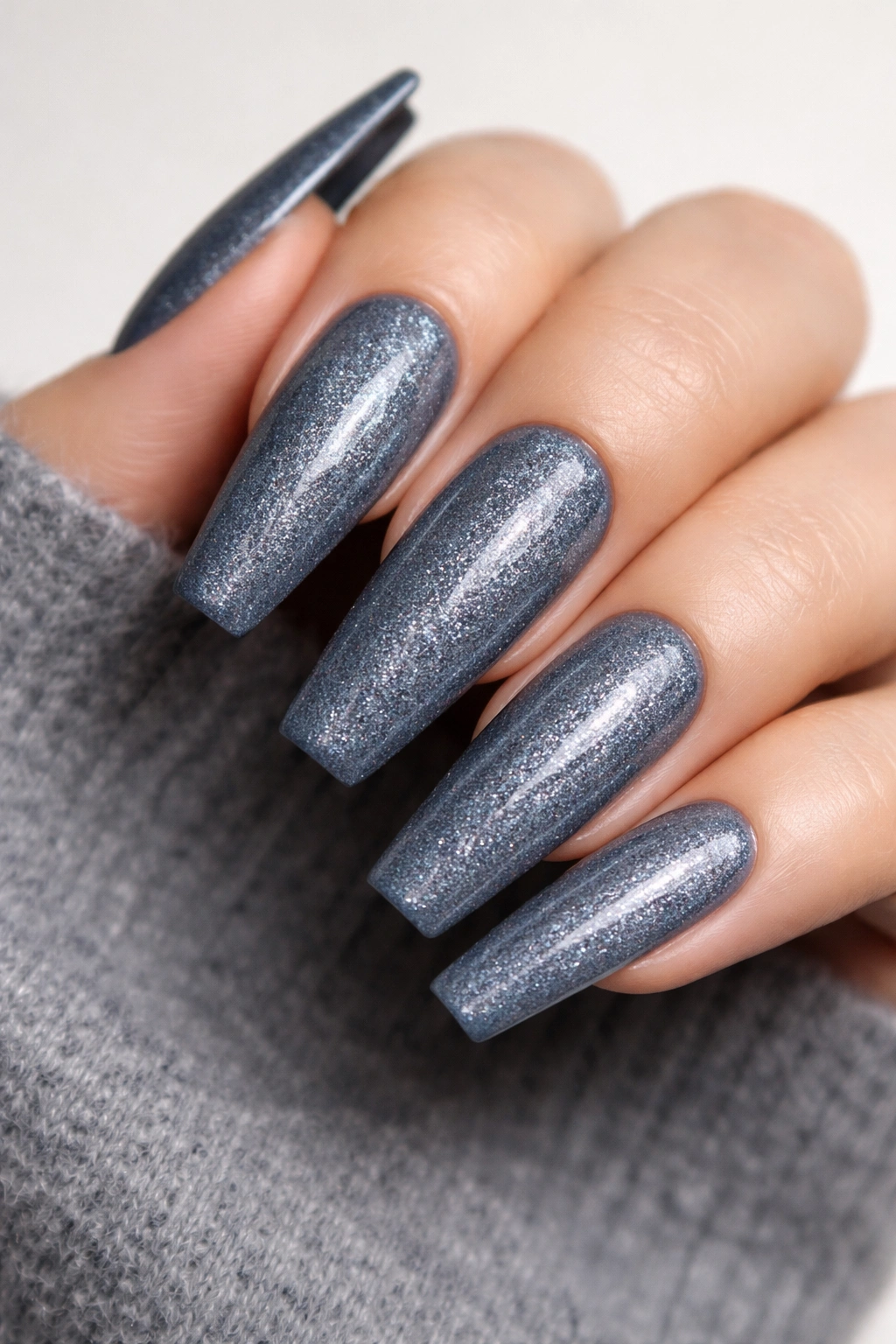 Close-up of stormy gray-blue coffin nails with a textured finish.