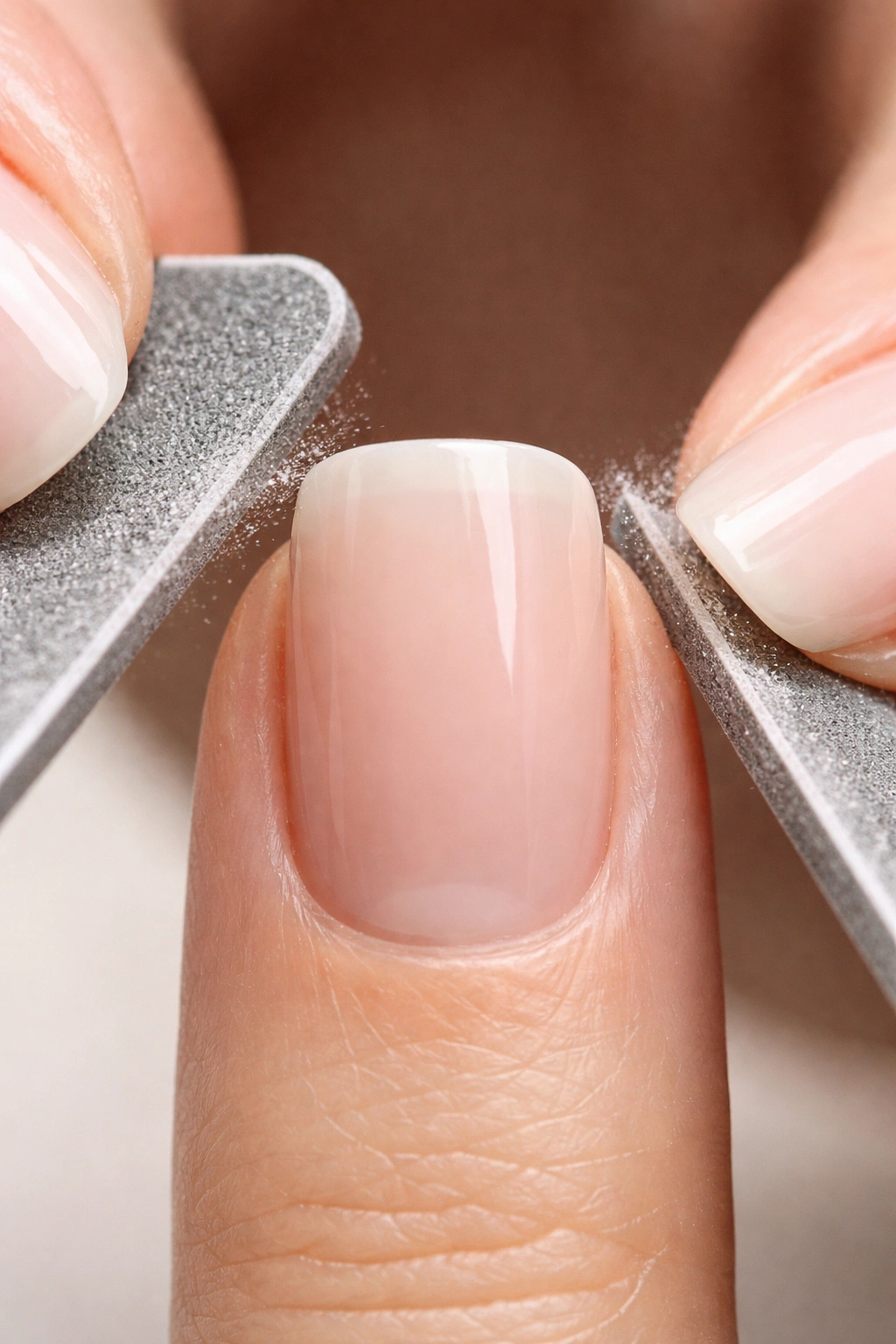 Nail edge being shaped to a straight top edge for squoval