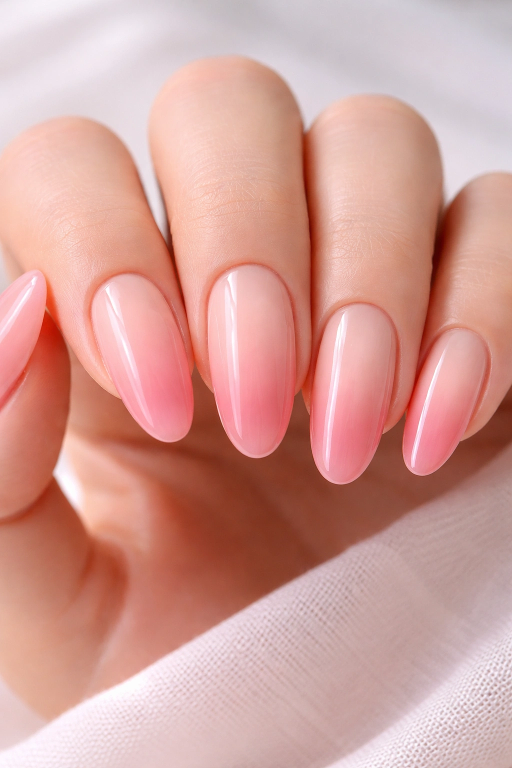 Close-up of strawberry blonde pink nails with nude reverse ombre