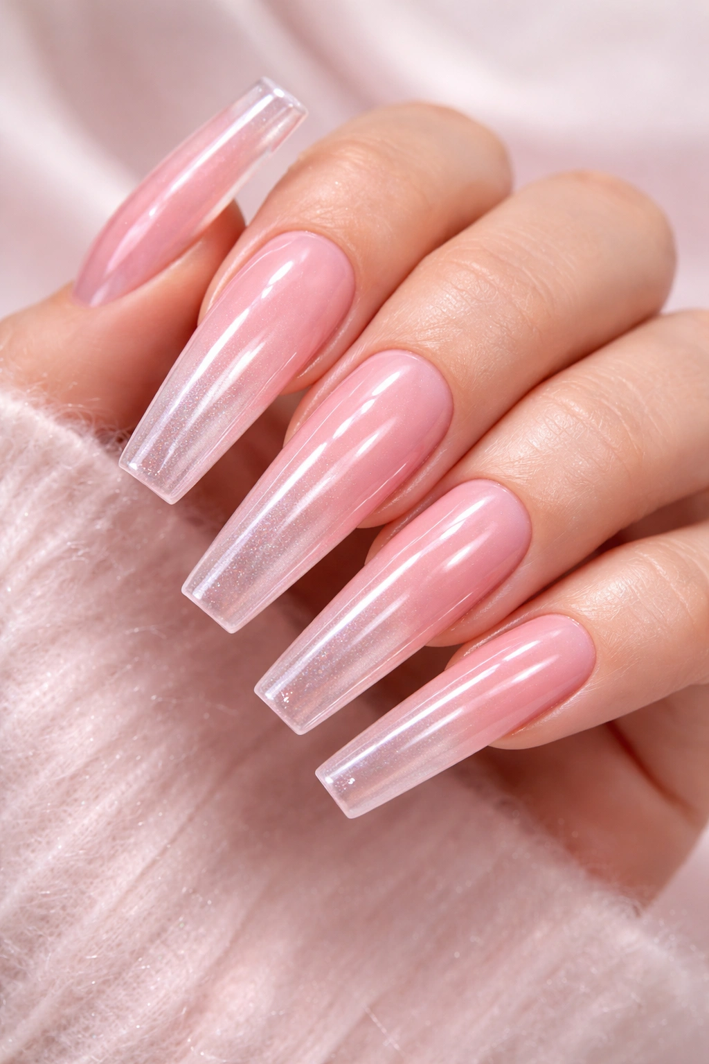 Nails with pink base and chrome glaze creating a sugar-glaze effect
