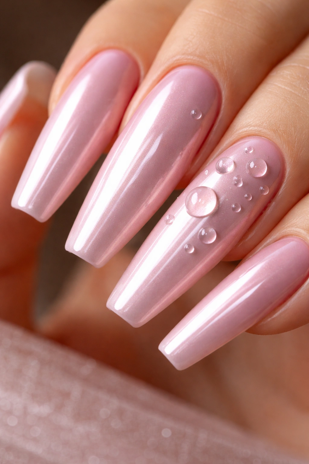 Strawberry milk chrome nails with 3D water droplets on a ballerina nail