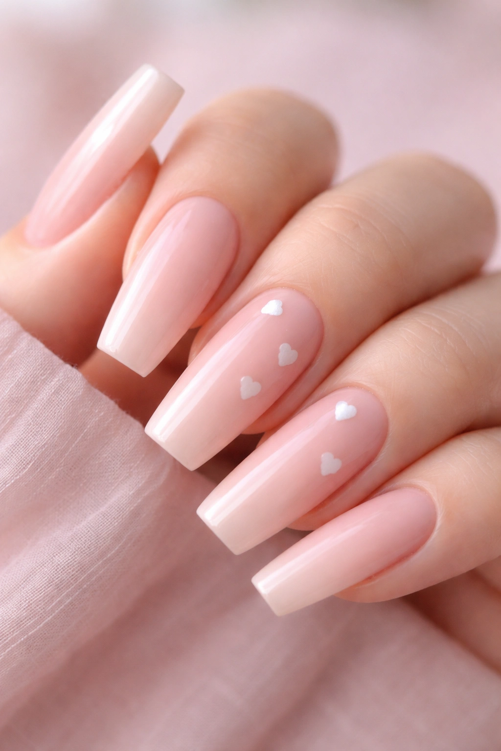 Close-up of strawberry milk nails with tiny white hearts on two nails, kept sparse.
