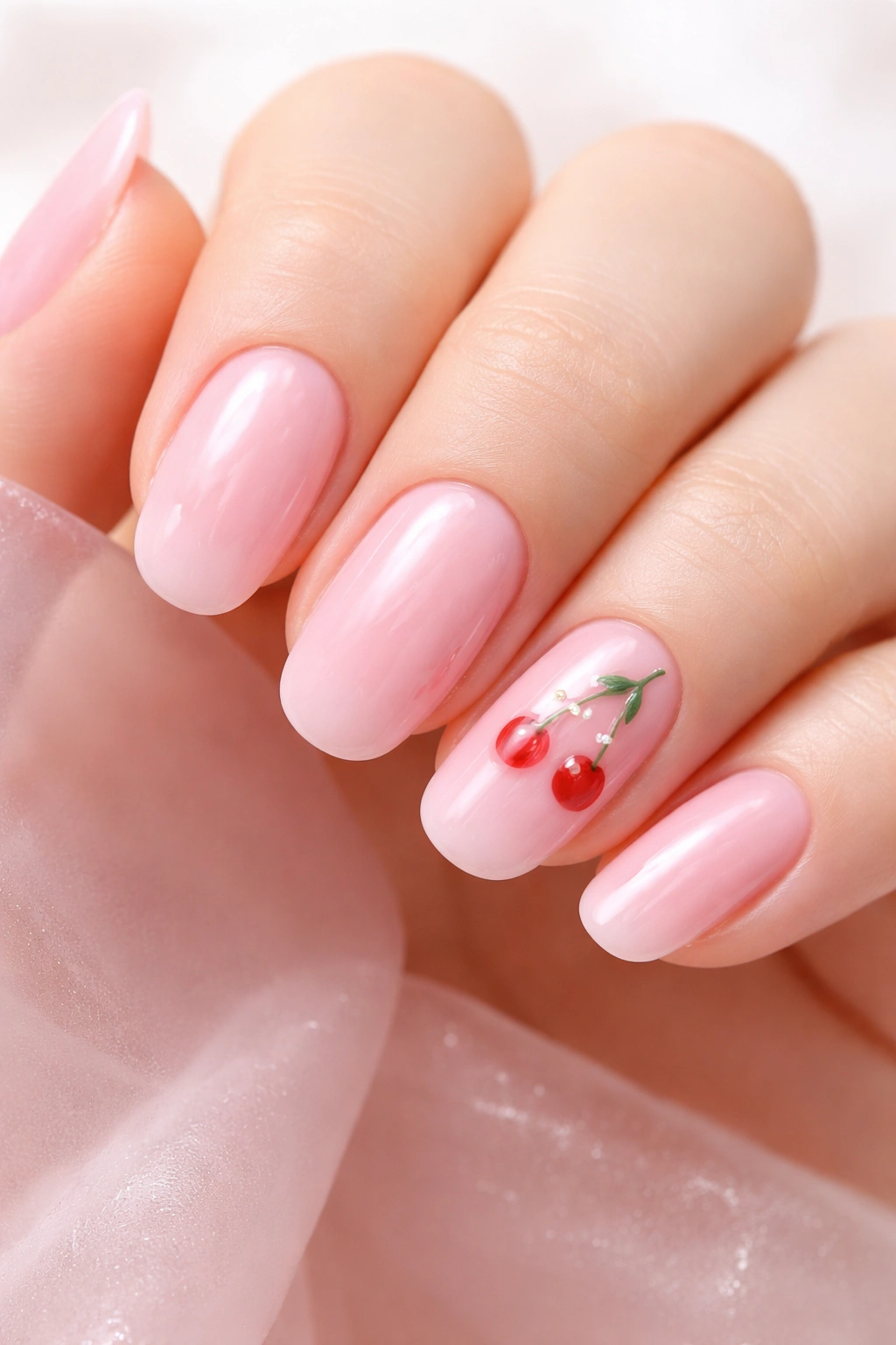 Milky pink nails with tiny red cherry details.