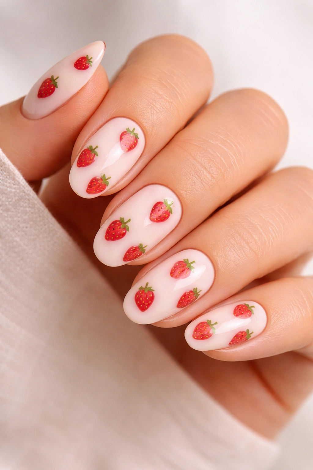 Nails decorated with small strawberry motifs and seeds on a pale base
