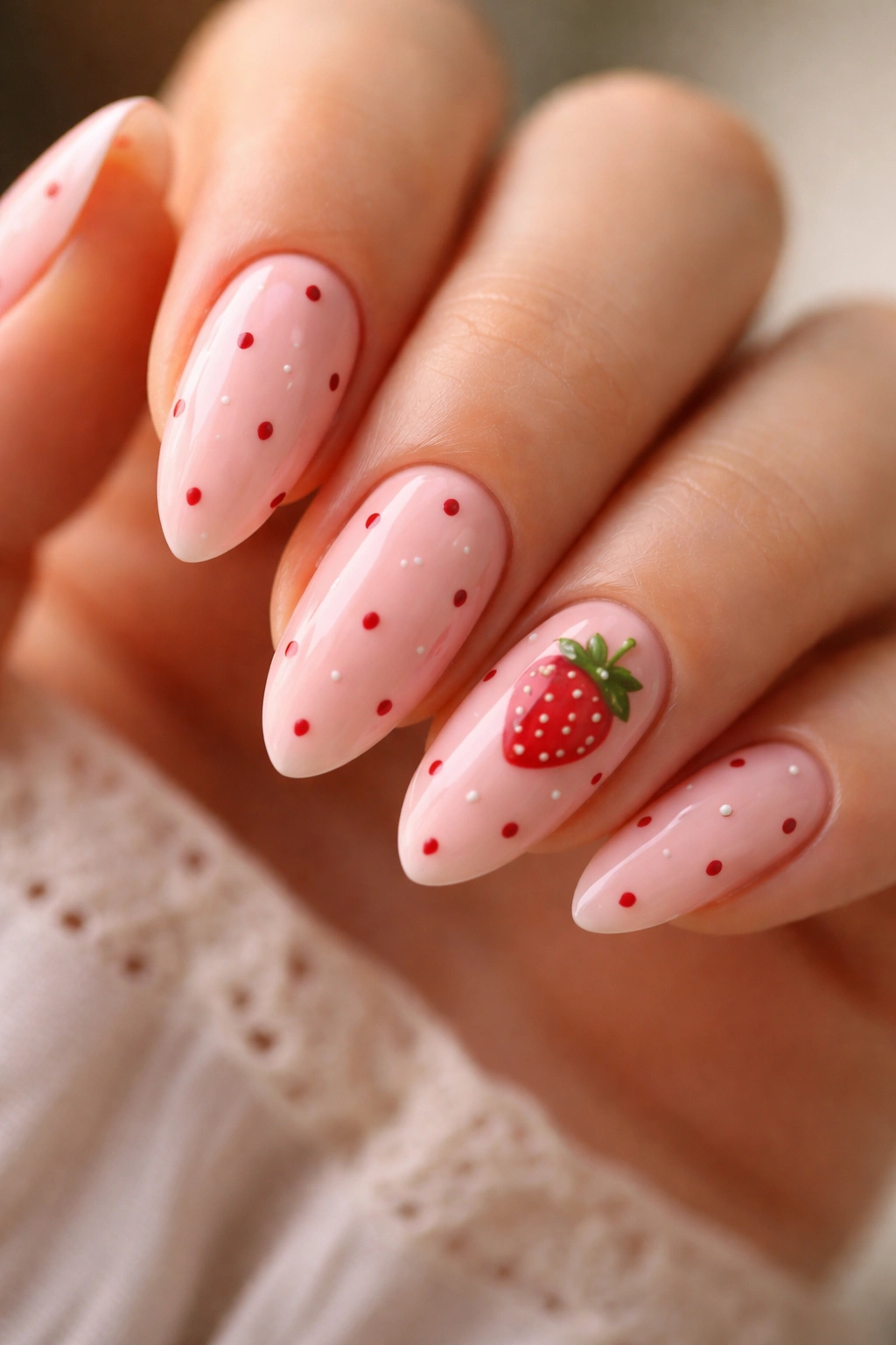 Almond nails with pink base and strawberry-inspired accents.