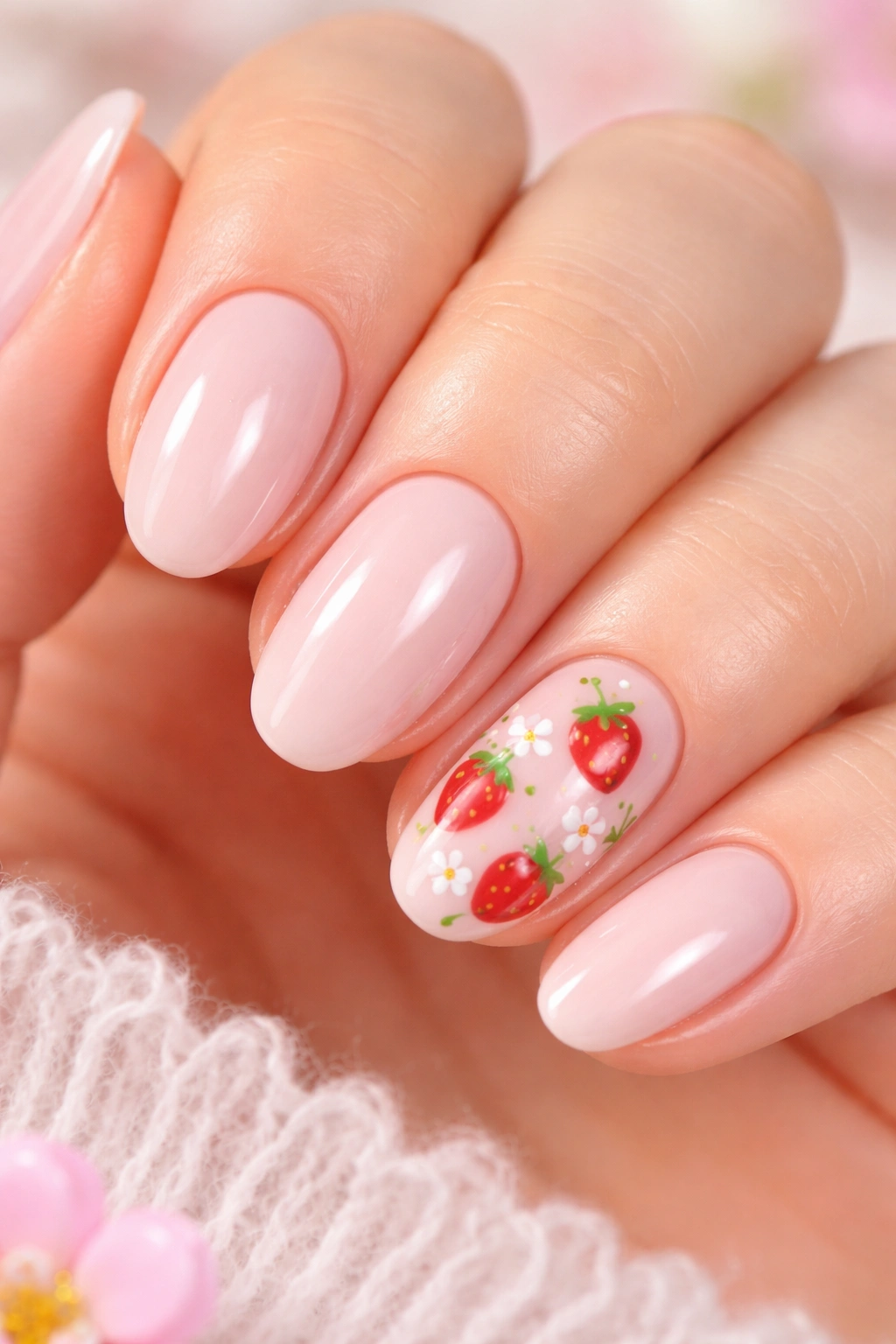 Nails with tiny red strawberries on soft pink base