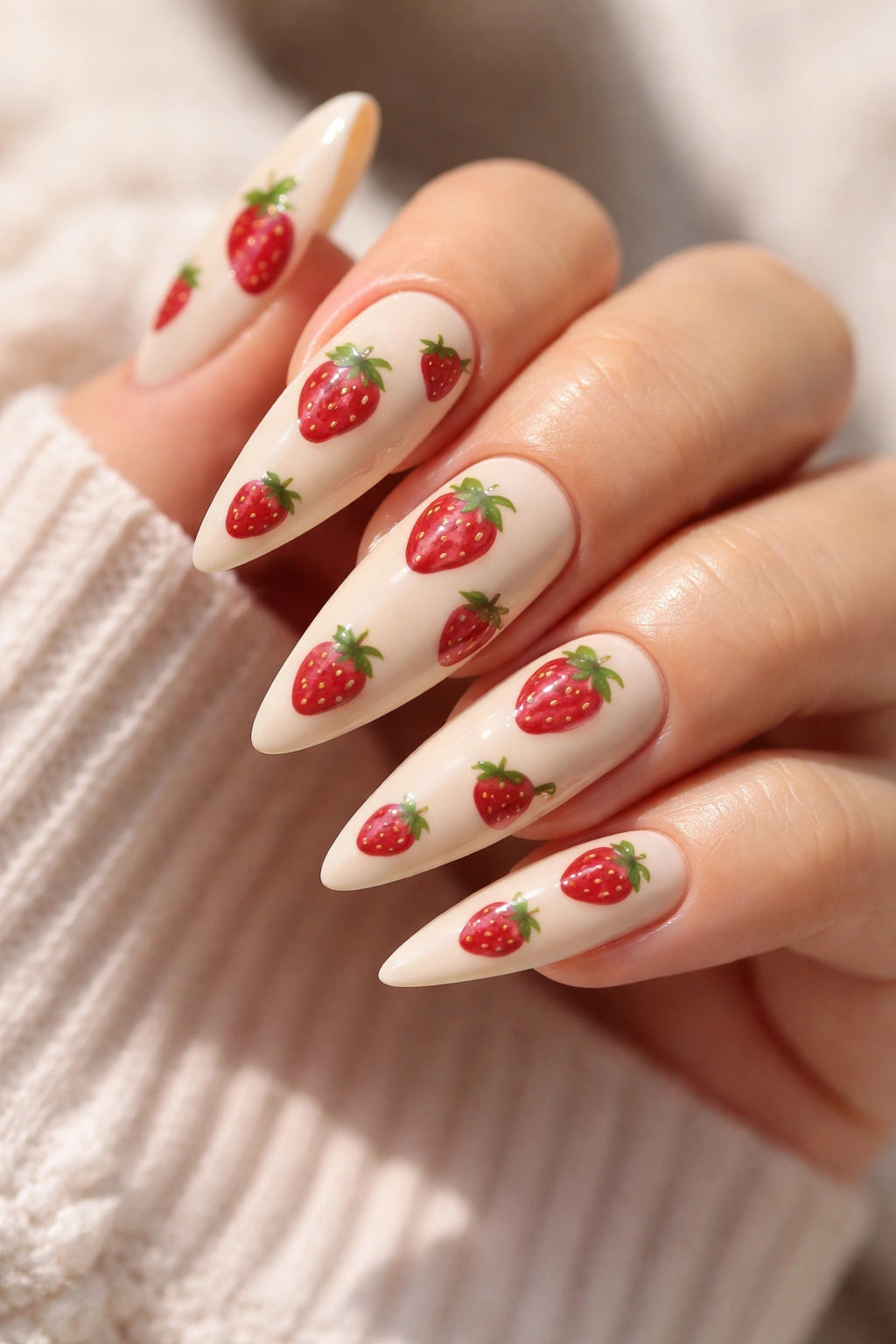 Strawberry shortcake-inspired nails with tiny red hearts, green leaves on pale cream base