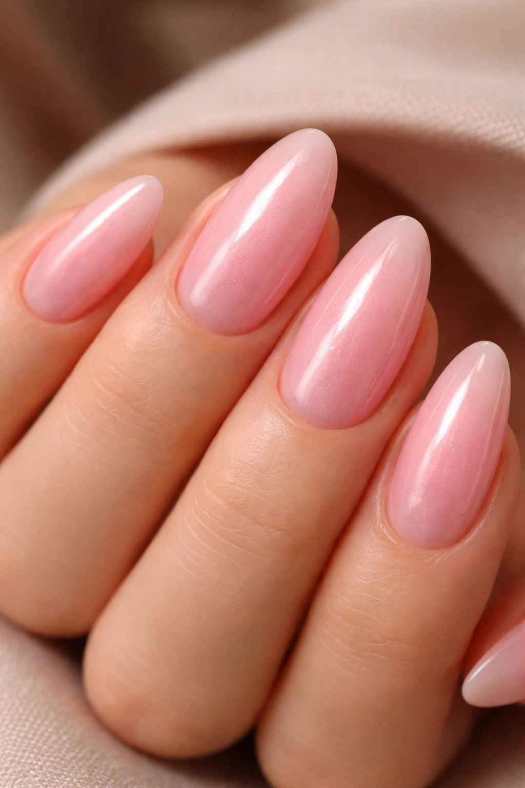 Almond nails with strawberry milky pink and pearlescent inner glow