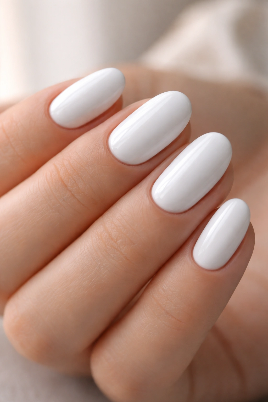 Close-up of streak-free white polish on short oval nails