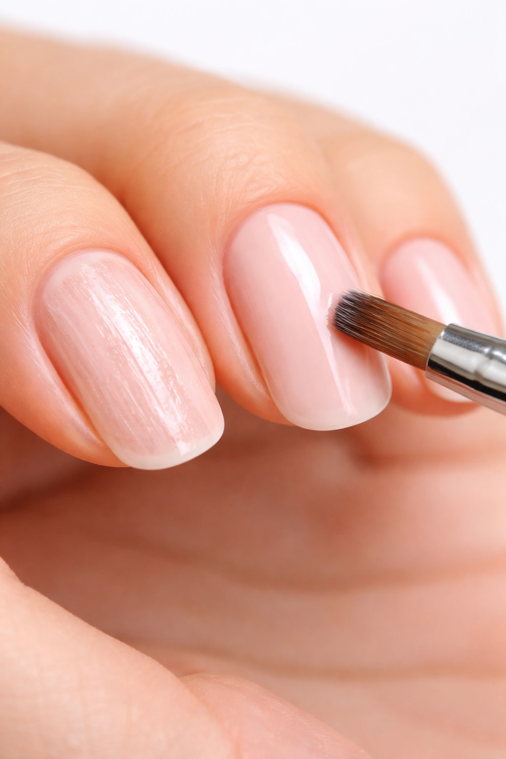 Hand nails showing streaky base and smooth coat to illustrate mistakes