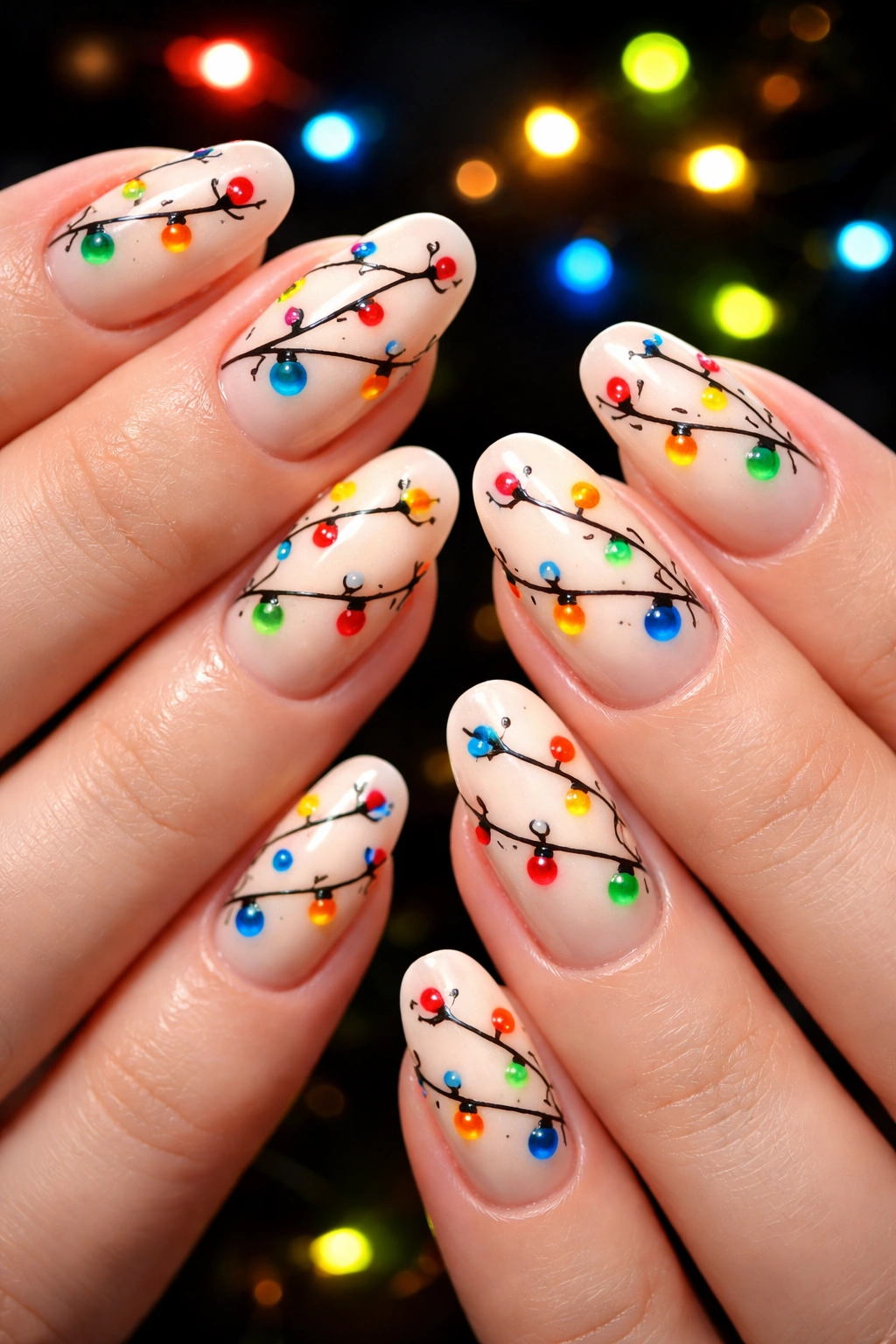 Colorful string-light nails in nude base with dotted lines and bright bulbs