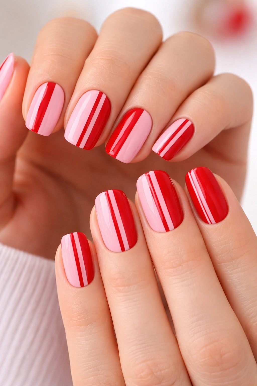 Nails with pink and red stripes in varied widths