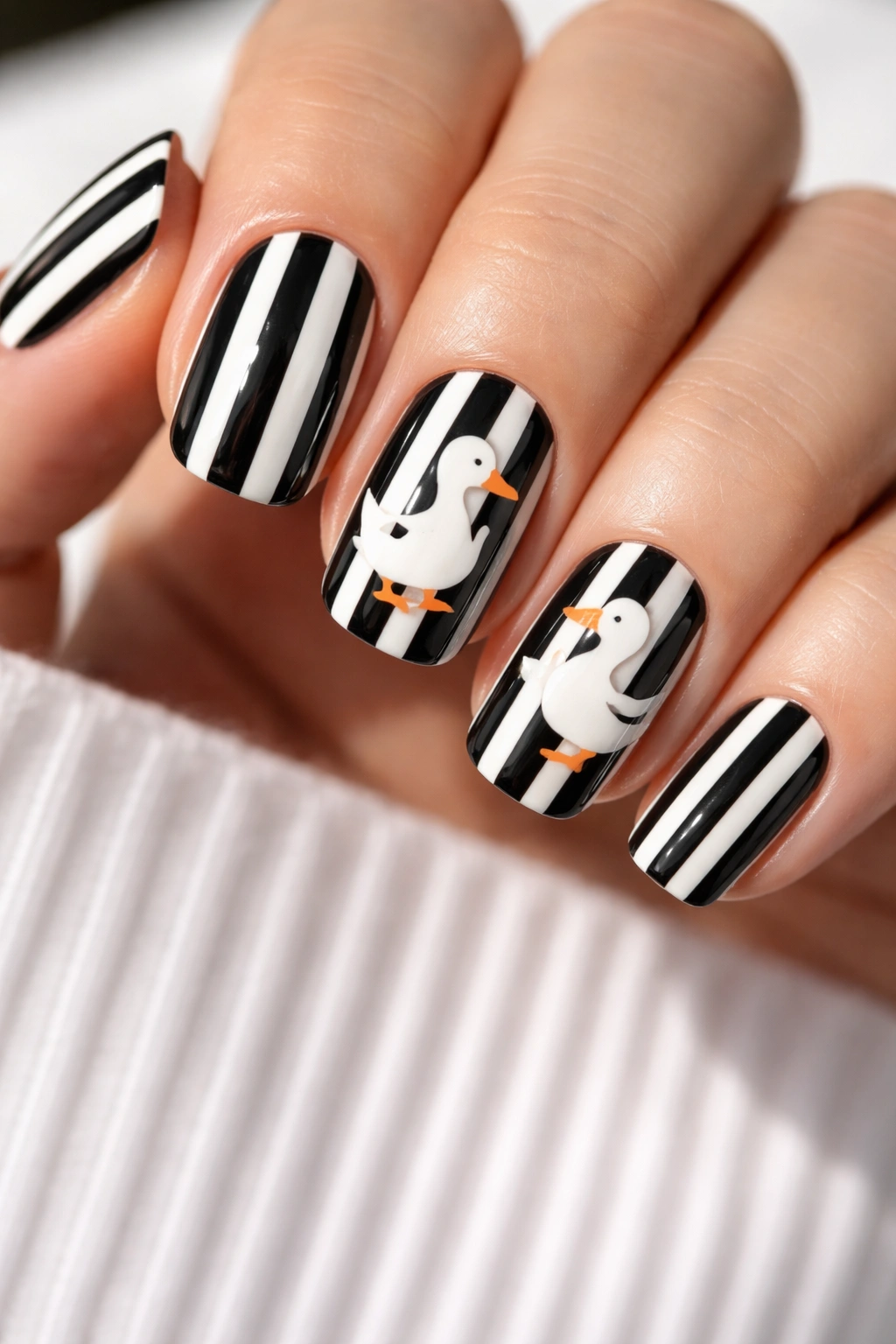 Bold black and white striped duck nail art with crossing duck