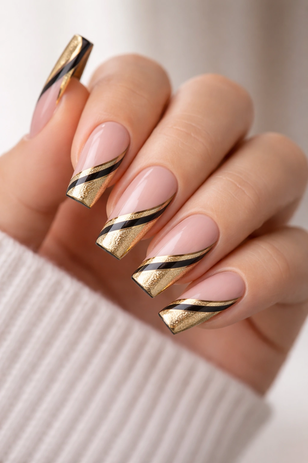 Nude-based coffin nails with gold tips and black stripes